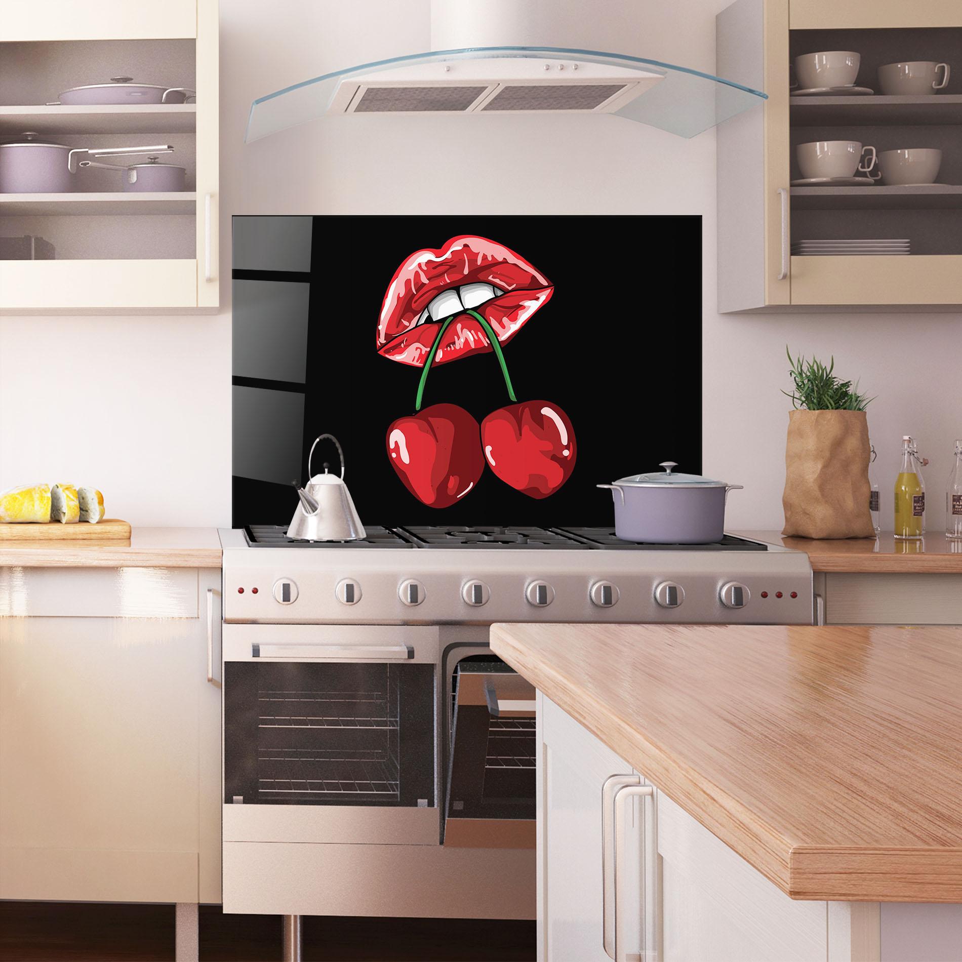 Küchenrückwand Glas Cherry Lips mockup 1