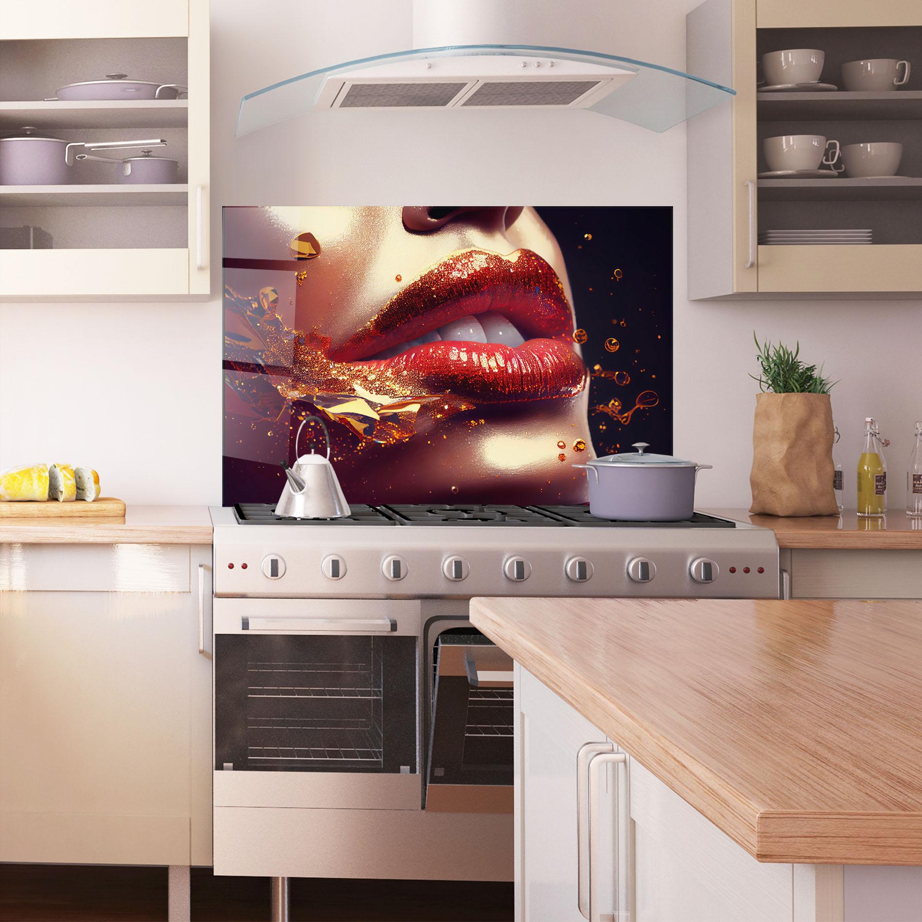 Küchenrückwand Glas Gold Glitter Lips mockup 1