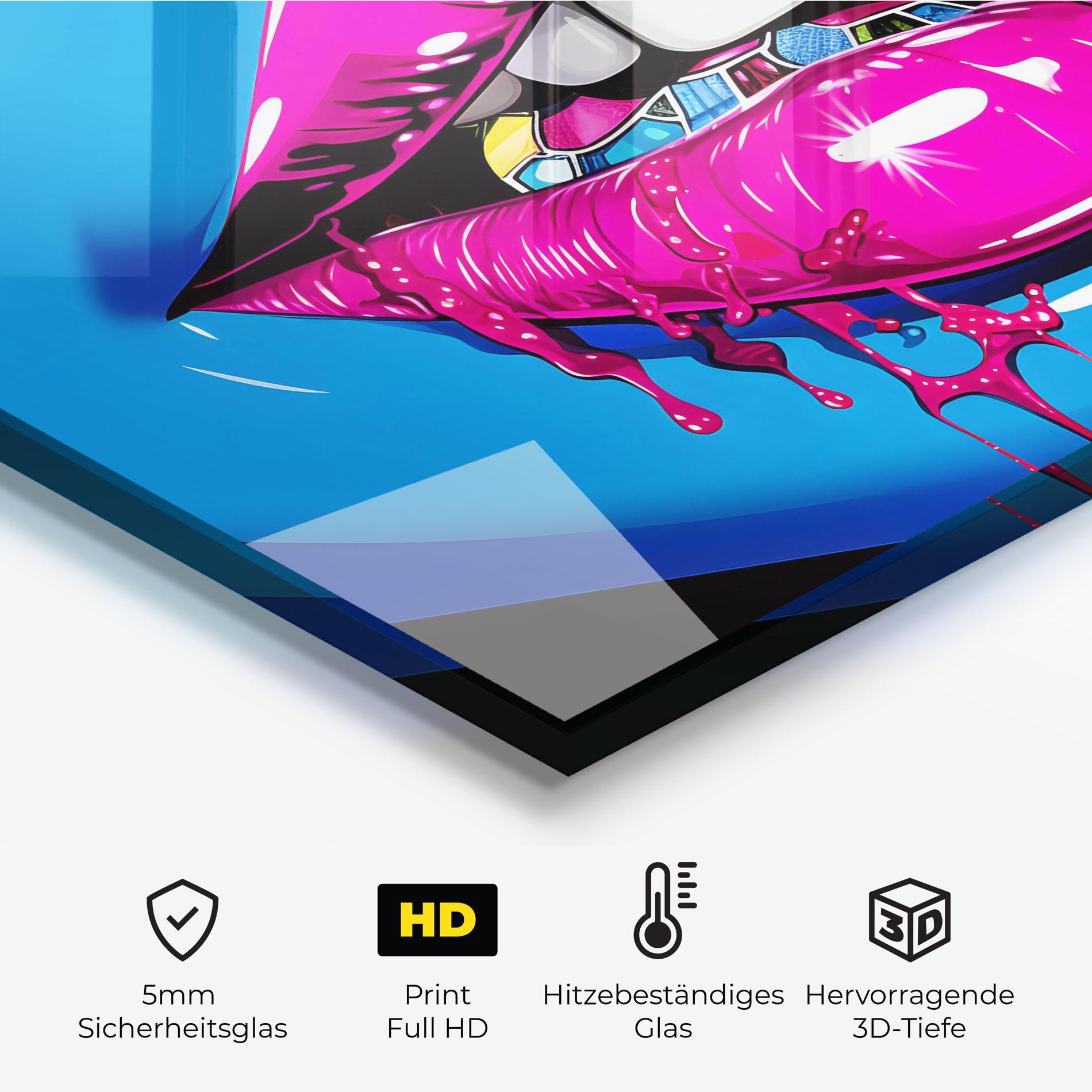 Küchenrückwand Glas Blue Pink Lips Art mockup 2