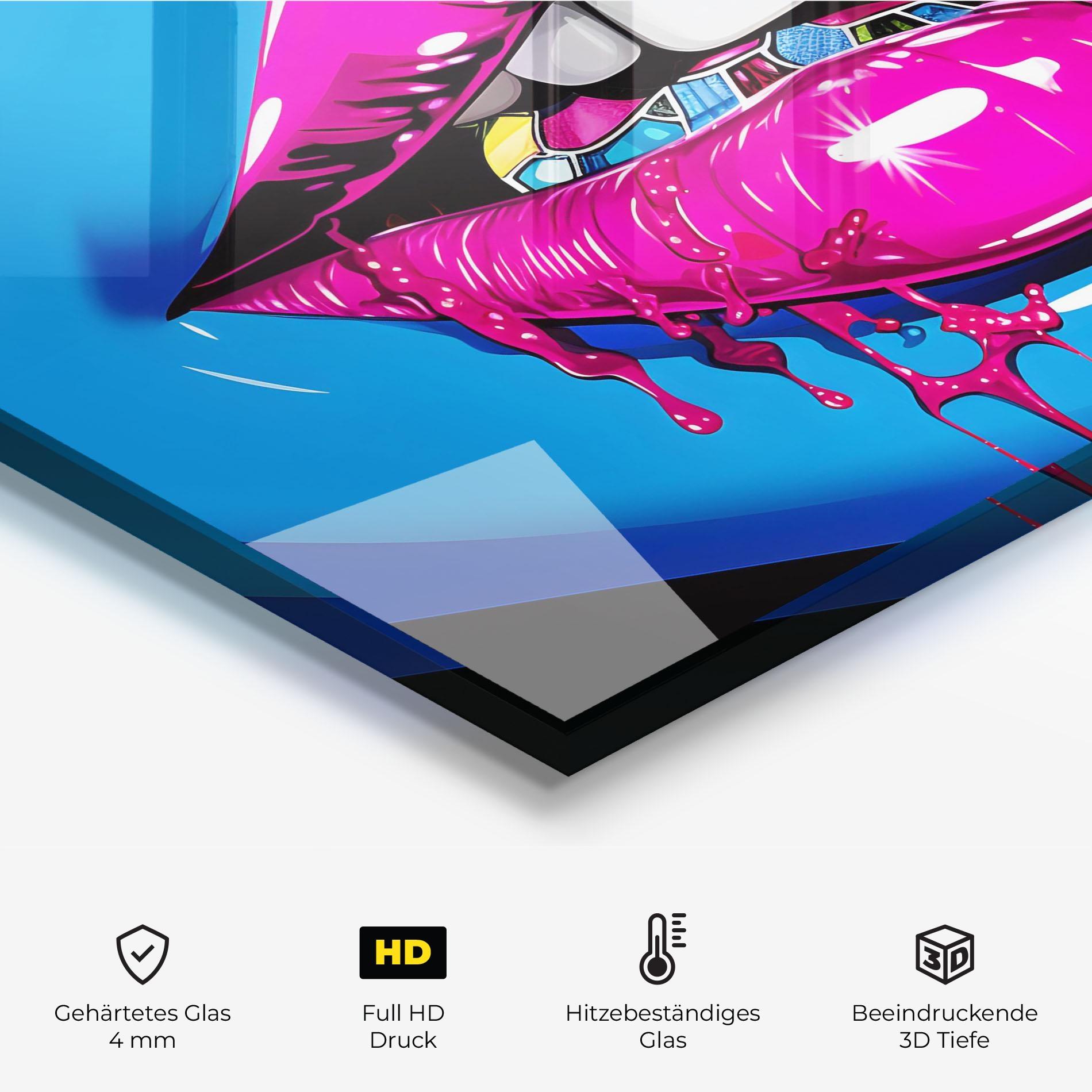 Küchenrückwand Glas Blue Pink Lips Art mockup 2