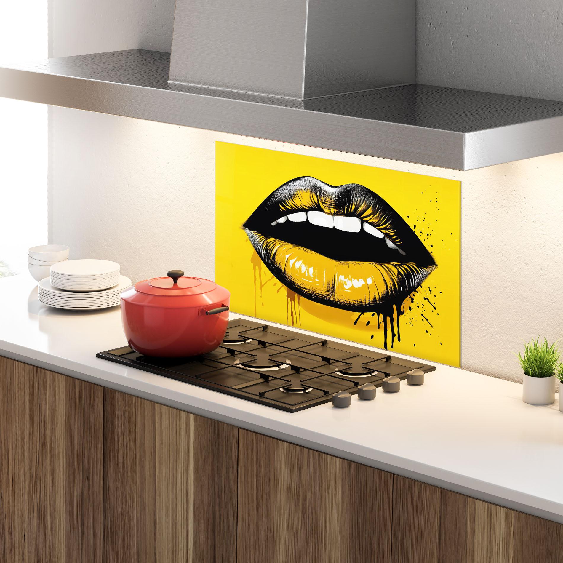 Küchenrückwand Glas Black Yellow Lips mockup 4