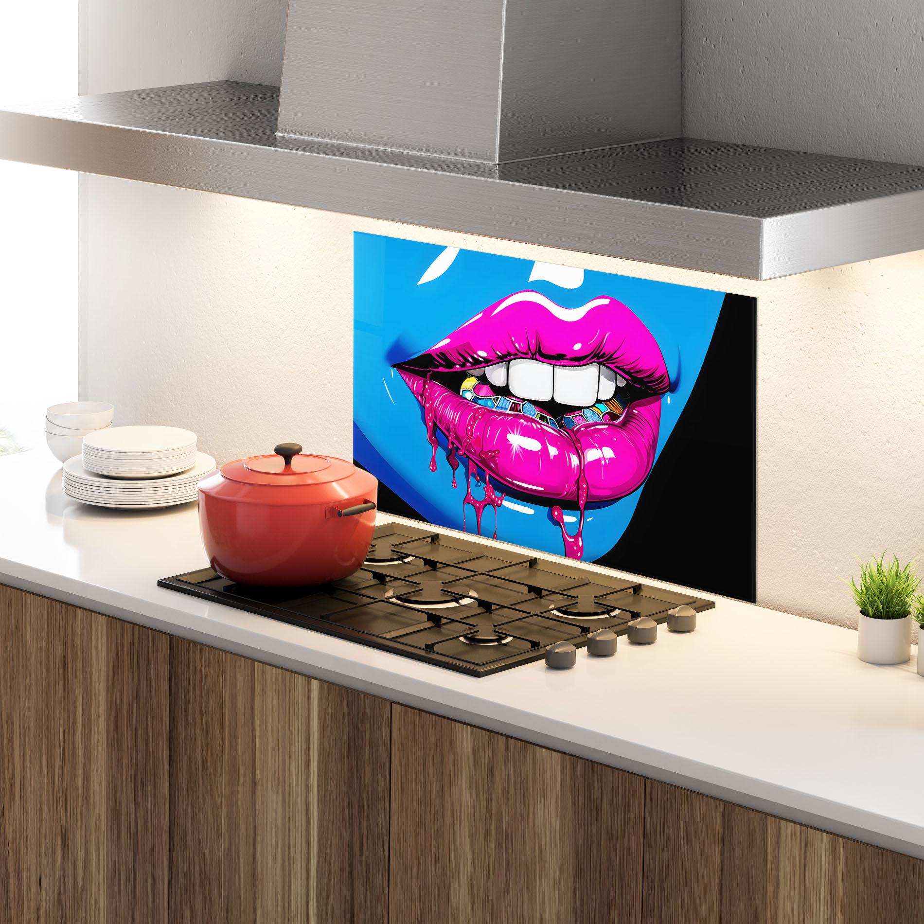 Küchenrückwand Glas Blue Pink Lips Art mockup 4