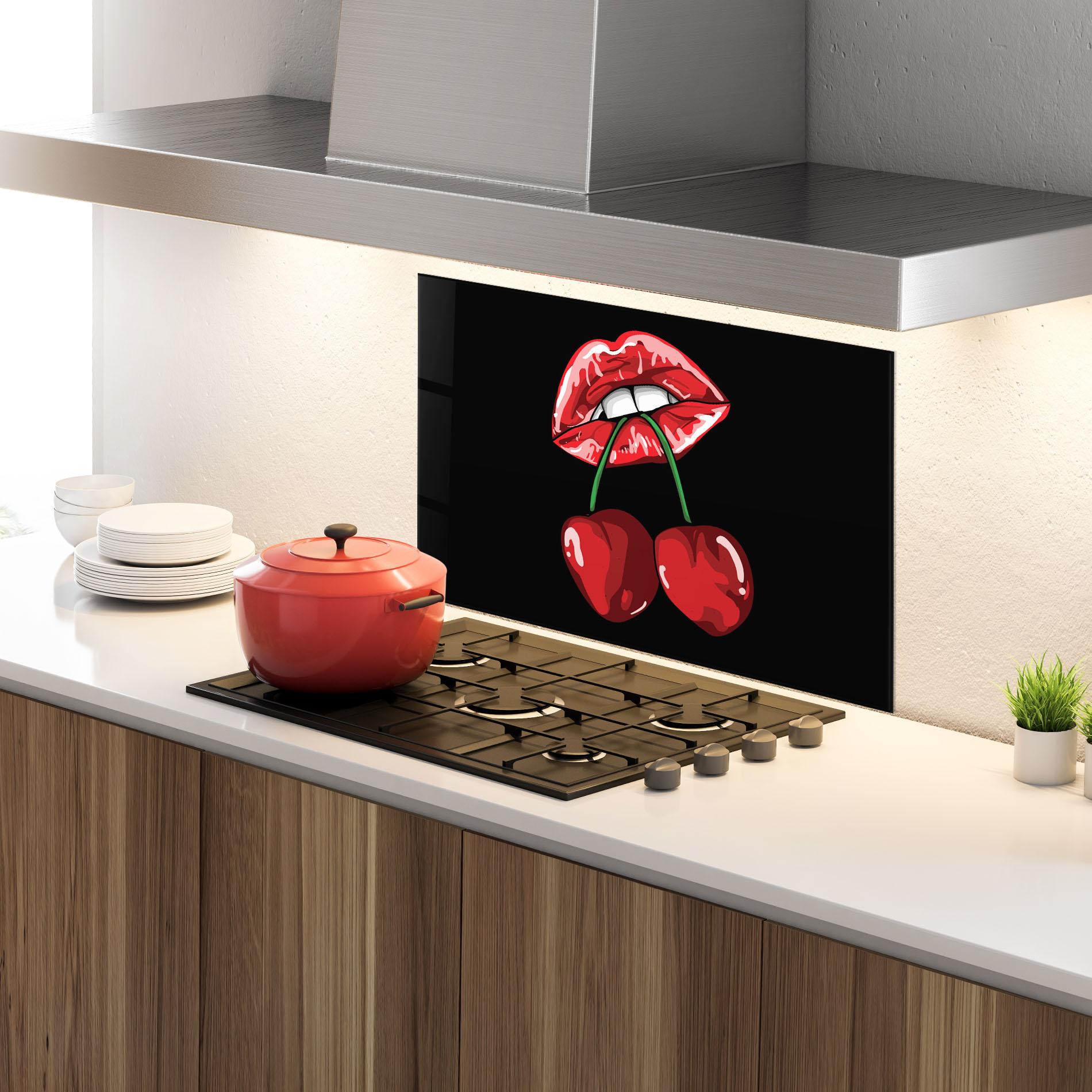 Küchenrückwand Glas Cherry Lips mockup 4