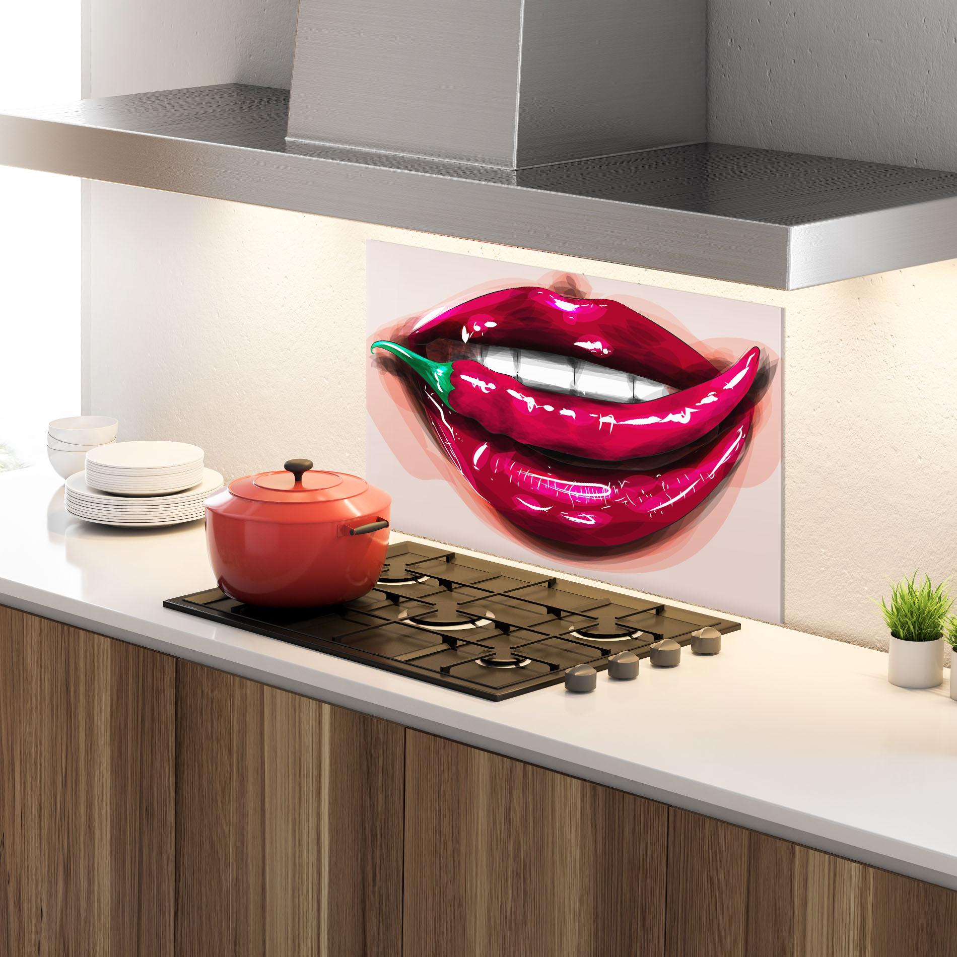 Küchenrückwand Glas Chilli Lips mockup 4
