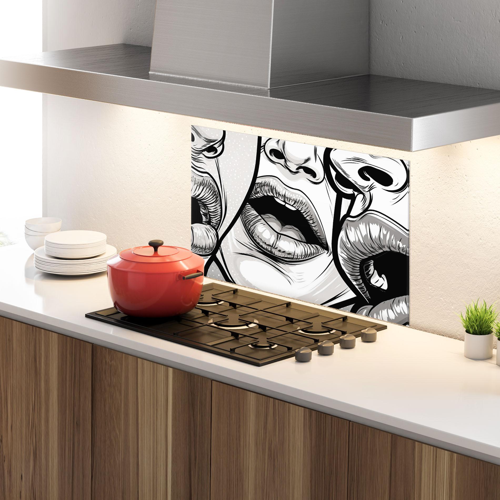 Küchenrückwand Glas Comic Book Lips mockup 4