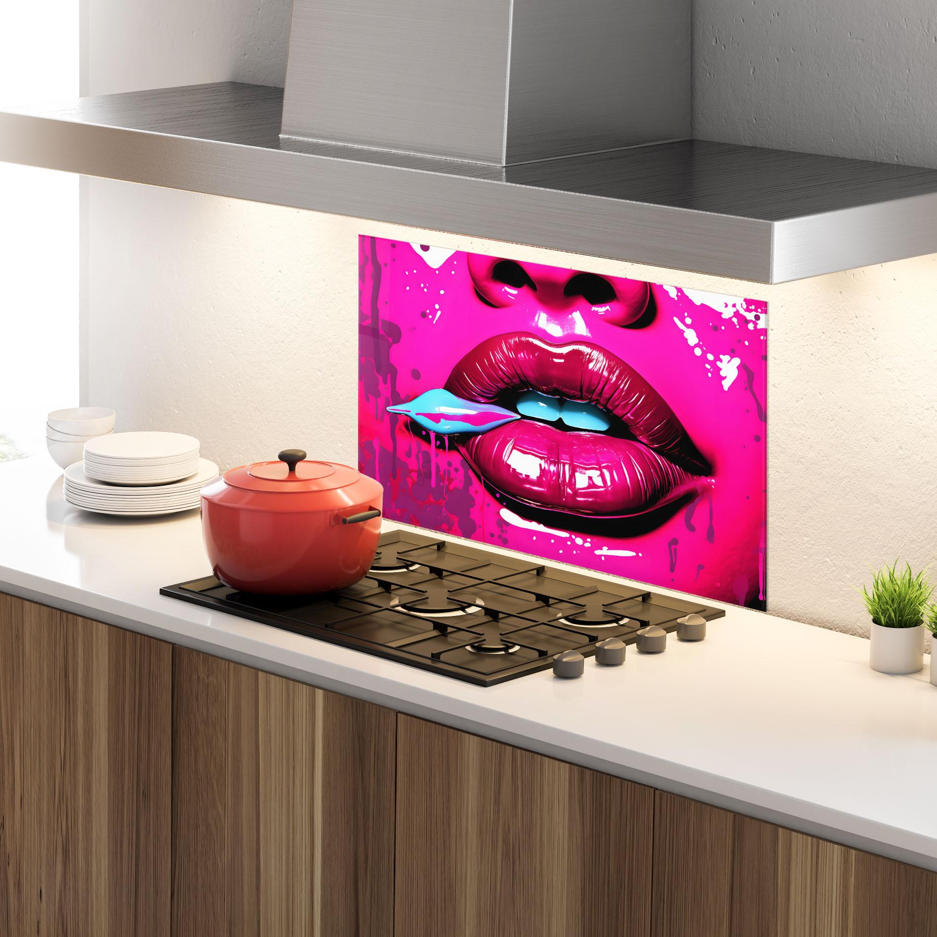Küchenrückwand Glas Dark Pink Lips Art mockup 4