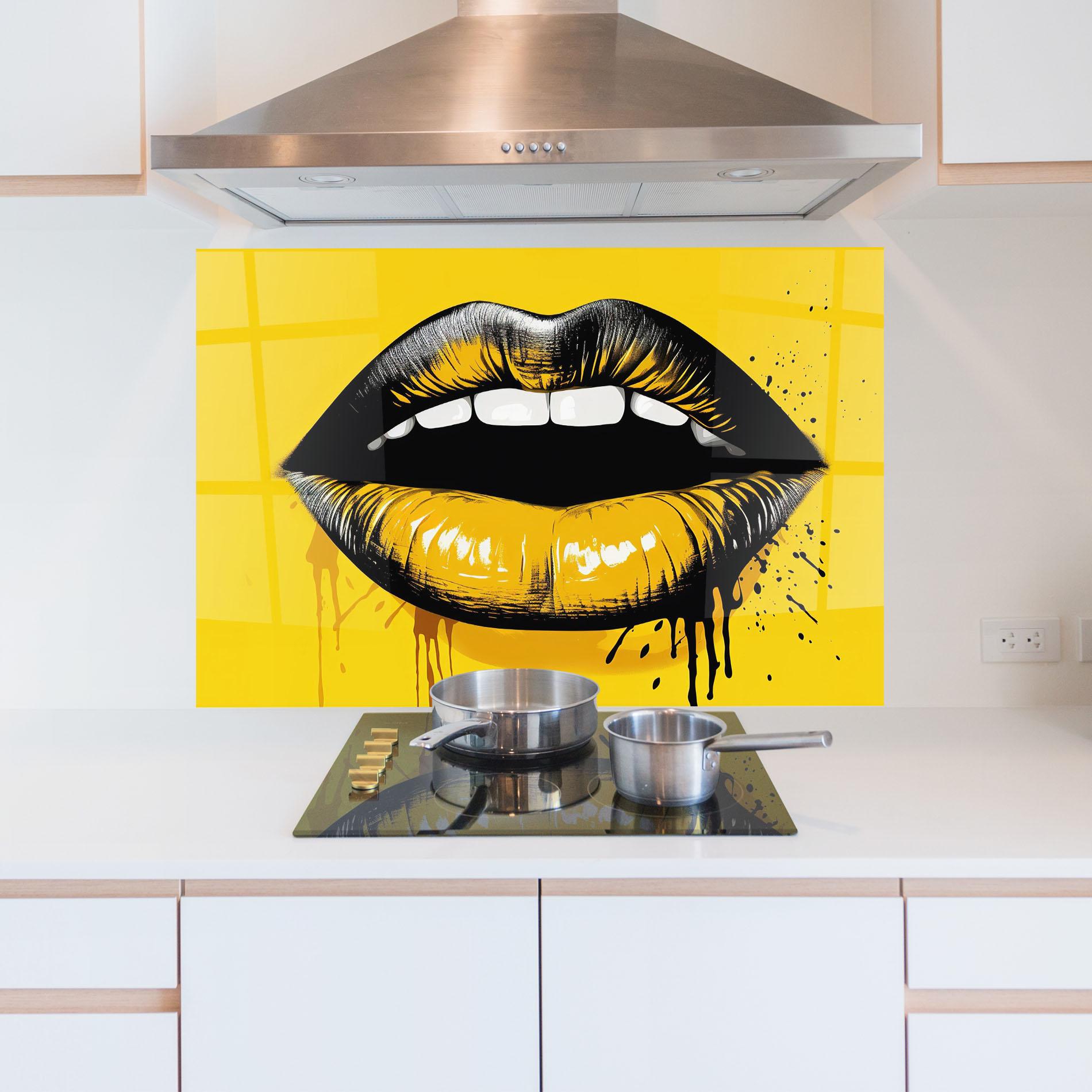 Küchenrückwand Glas Black Yellow Lips mockup 5