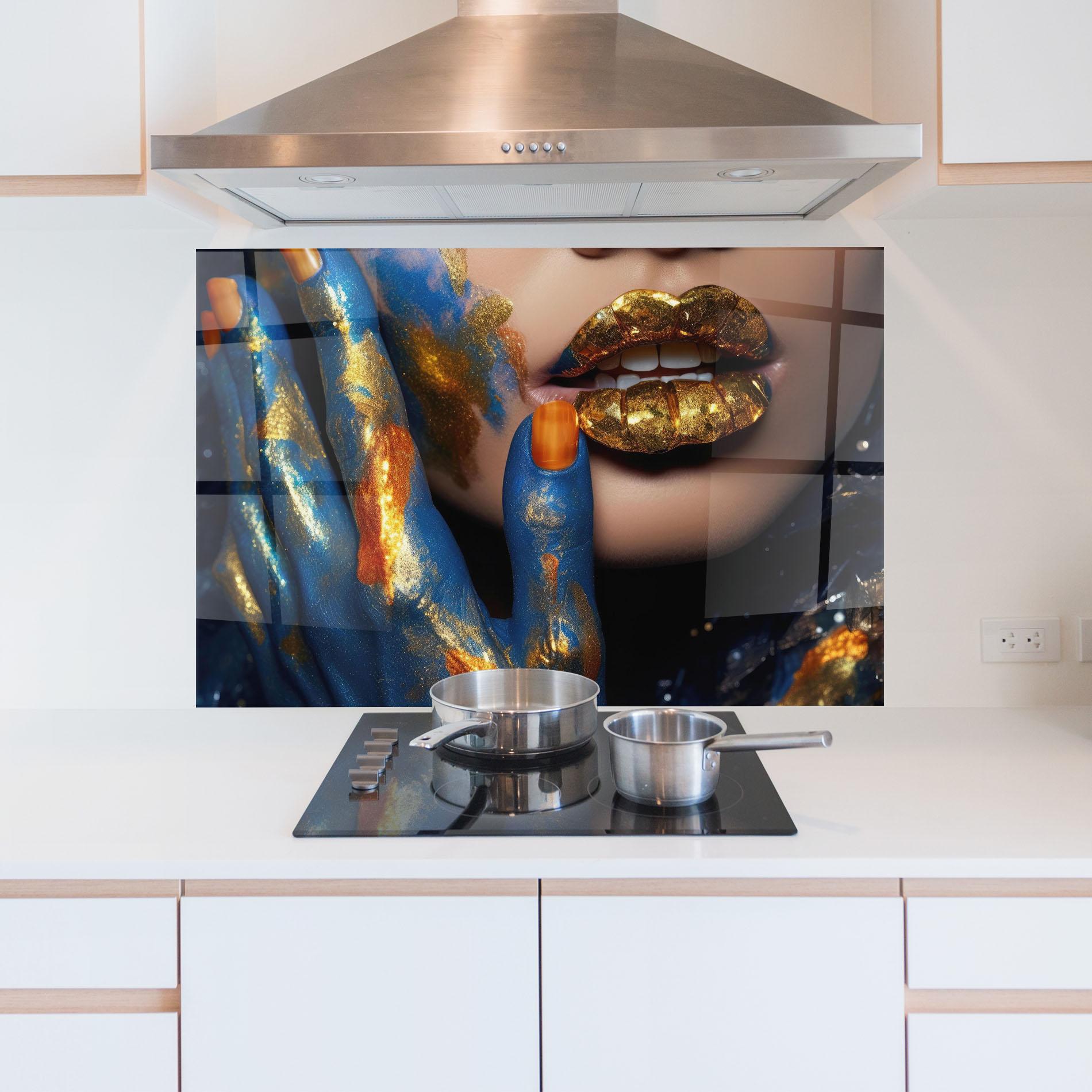 Küchenrückwand Glas Blue Hand Lips mockup 5
