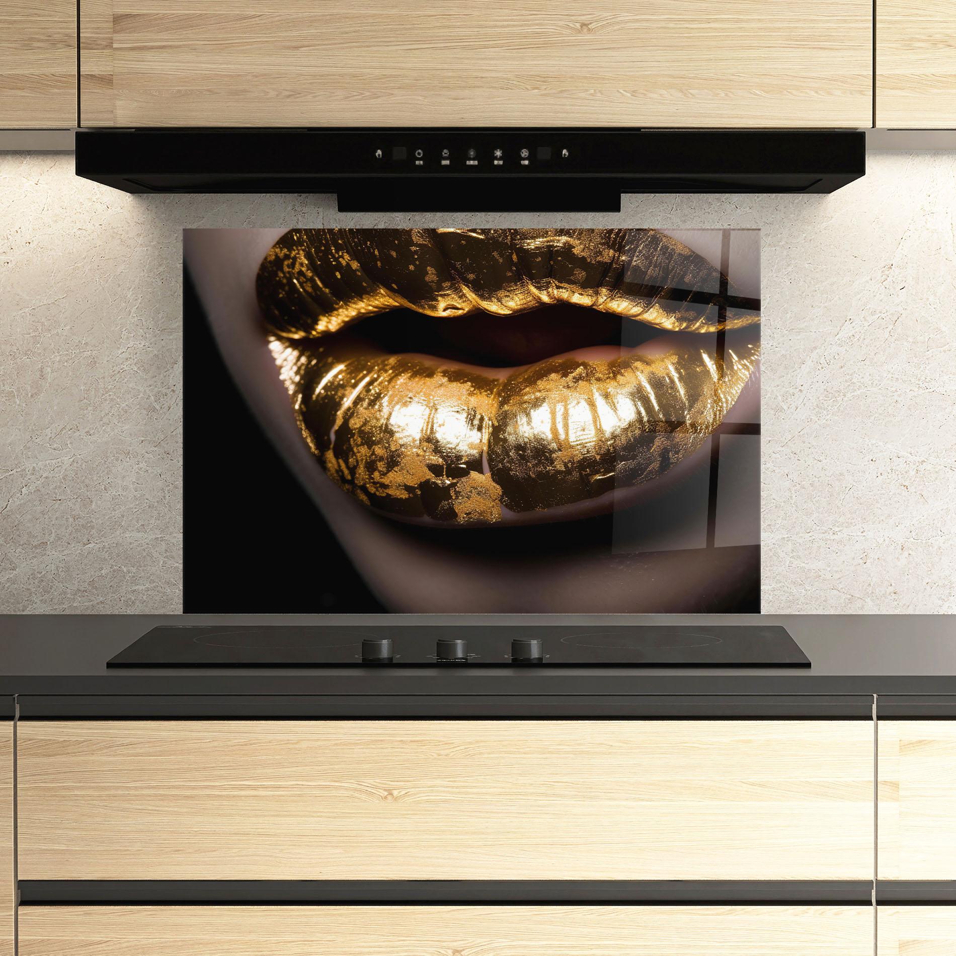 Küchenrückwand Glas Big Gold Lips mockup 3