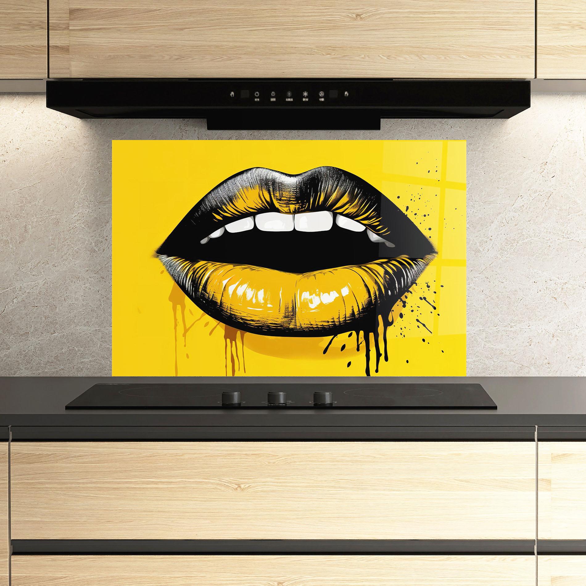 Küchenrückwand Glas Black Yellow Lips mockup 3