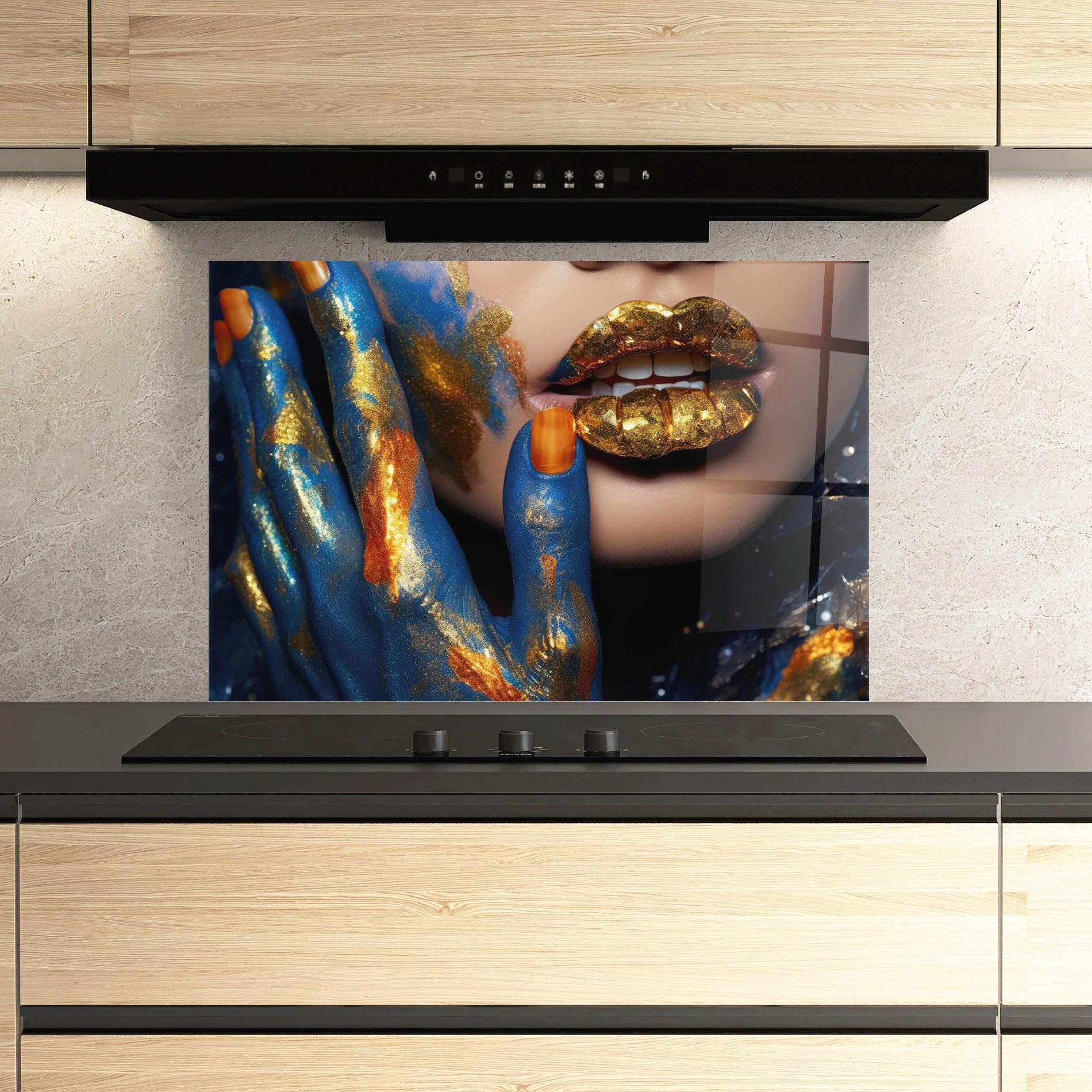 Küchenrückwand Glas Blue Hand Lips mockup 3