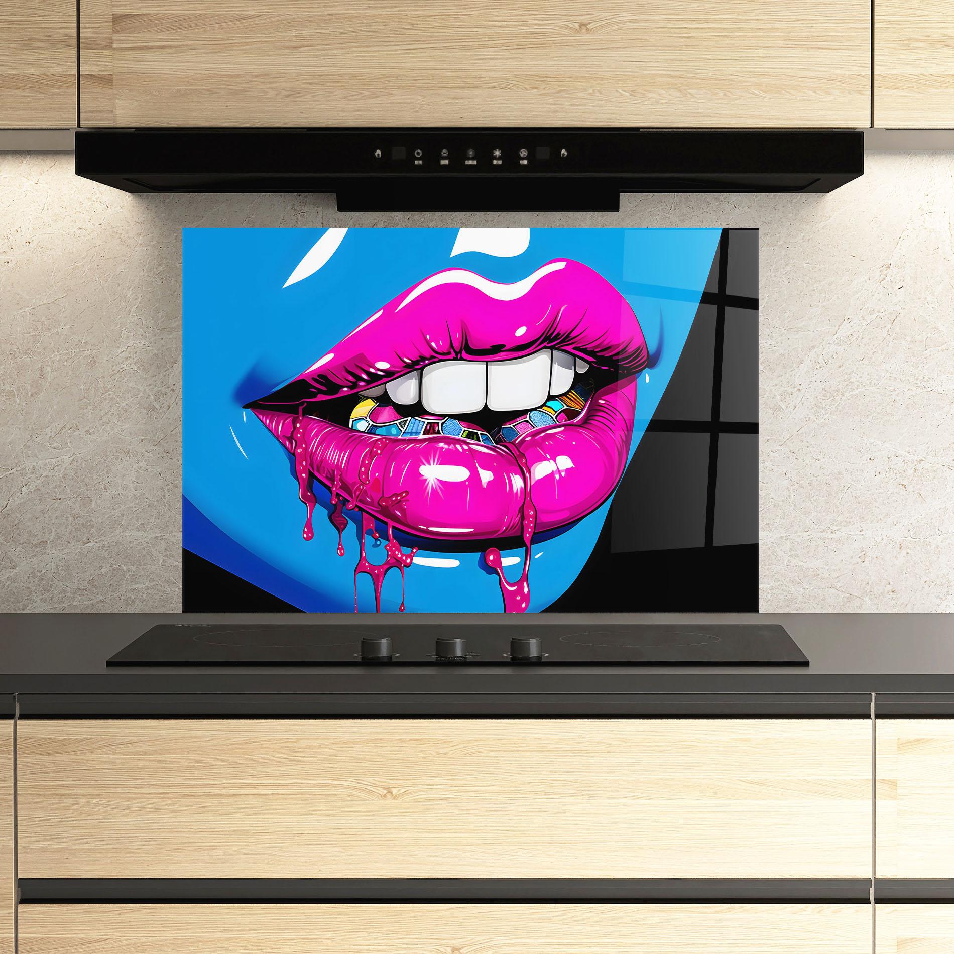 Küchenrückwand Glas Blue Pink Lips Art mockup 3