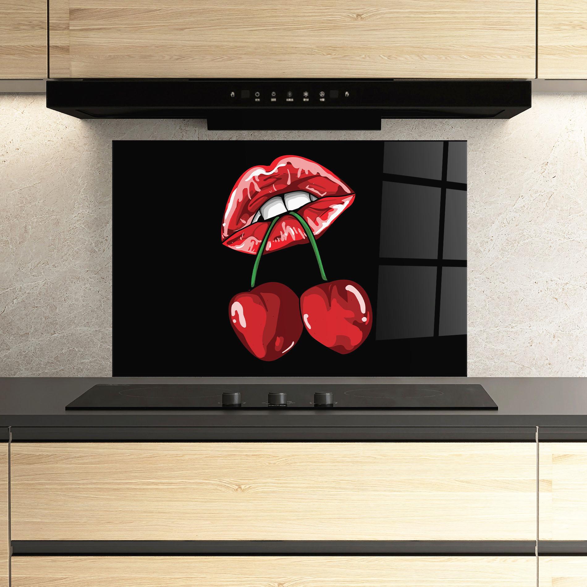 Küchenrückwand Glas Cherry Lips mockup 3