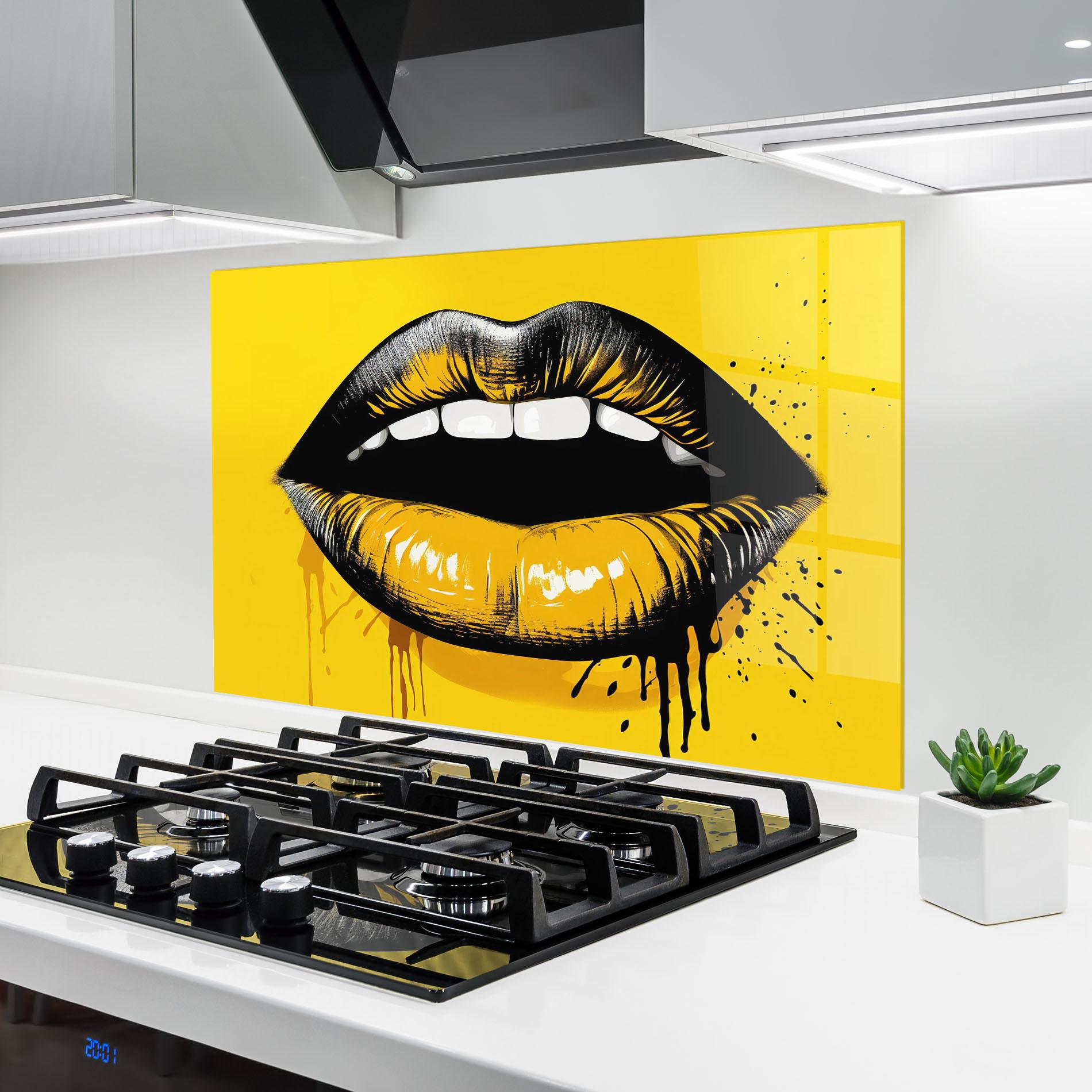 Küchenrückwand Glas Black Yellow Lips mockup 6