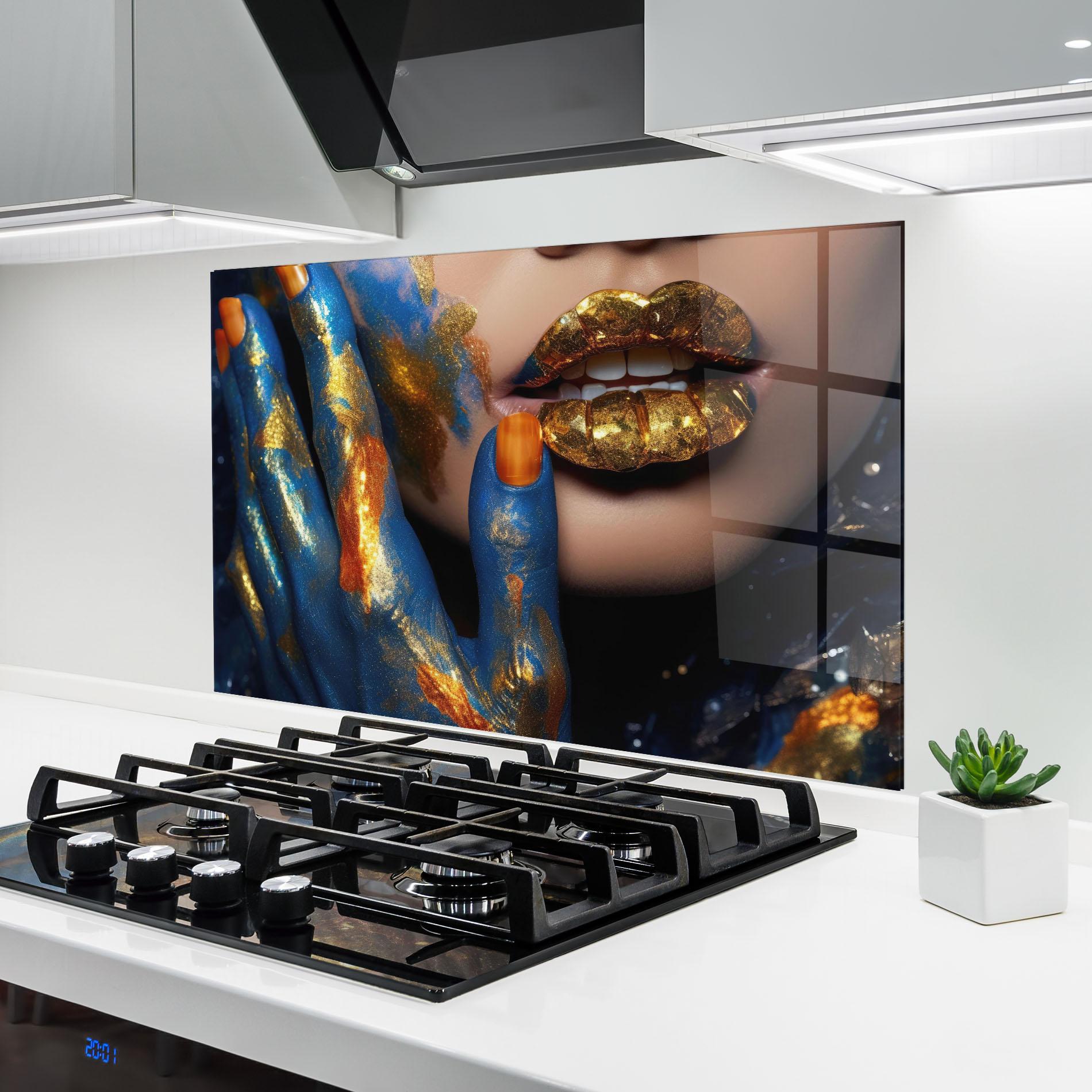 Küchenrückwand Glas Blue Hand Lips mockup 6