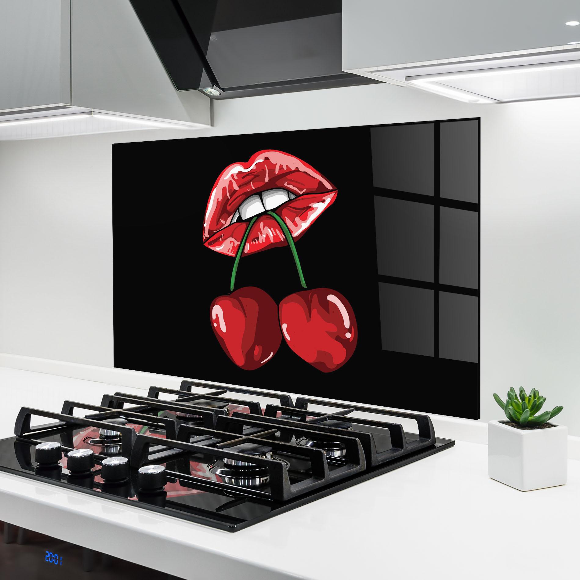 Küchenrückwand Glas Cherry Lips mockup 6