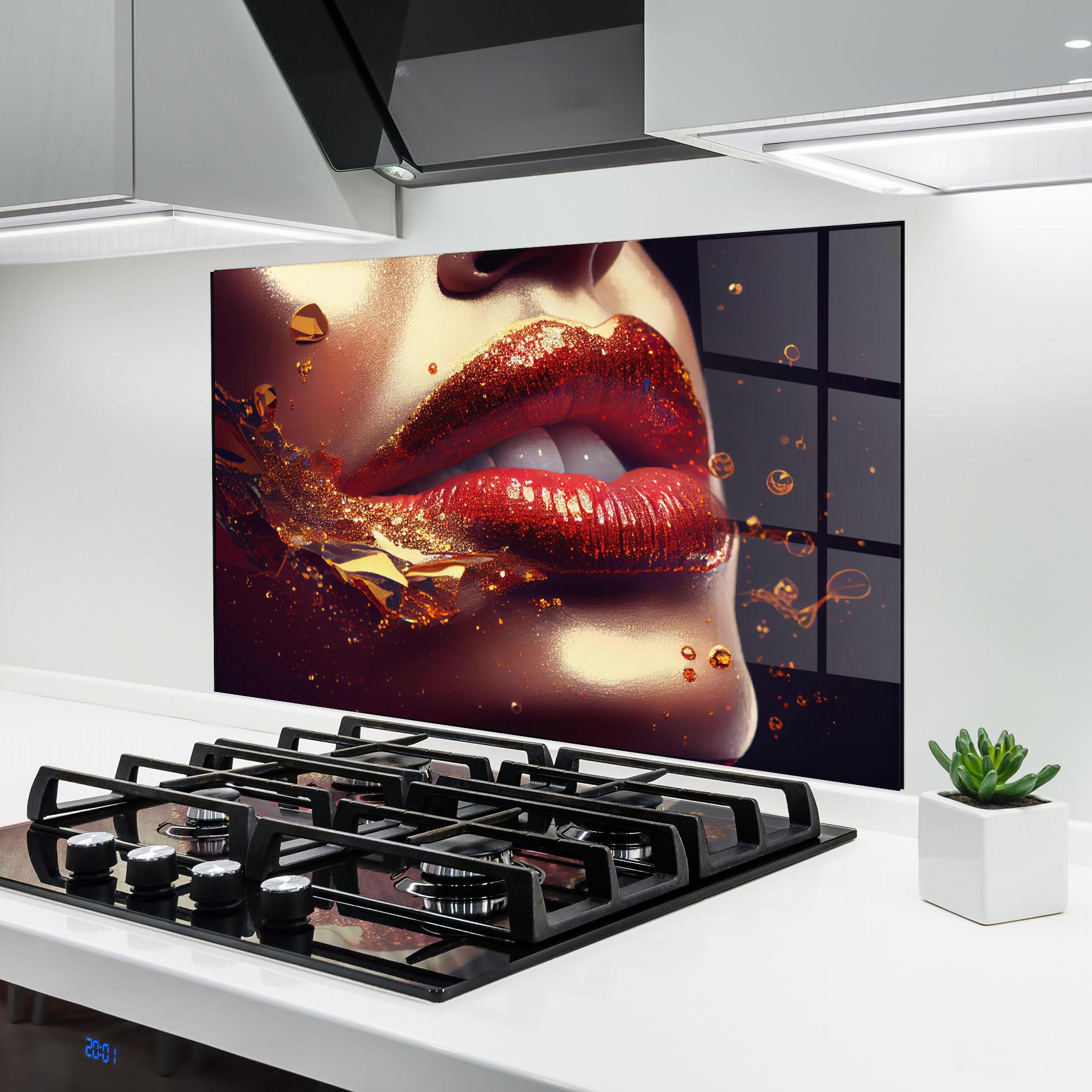 Küchenrückwand Glas Gold Glitter Lips mockup 6