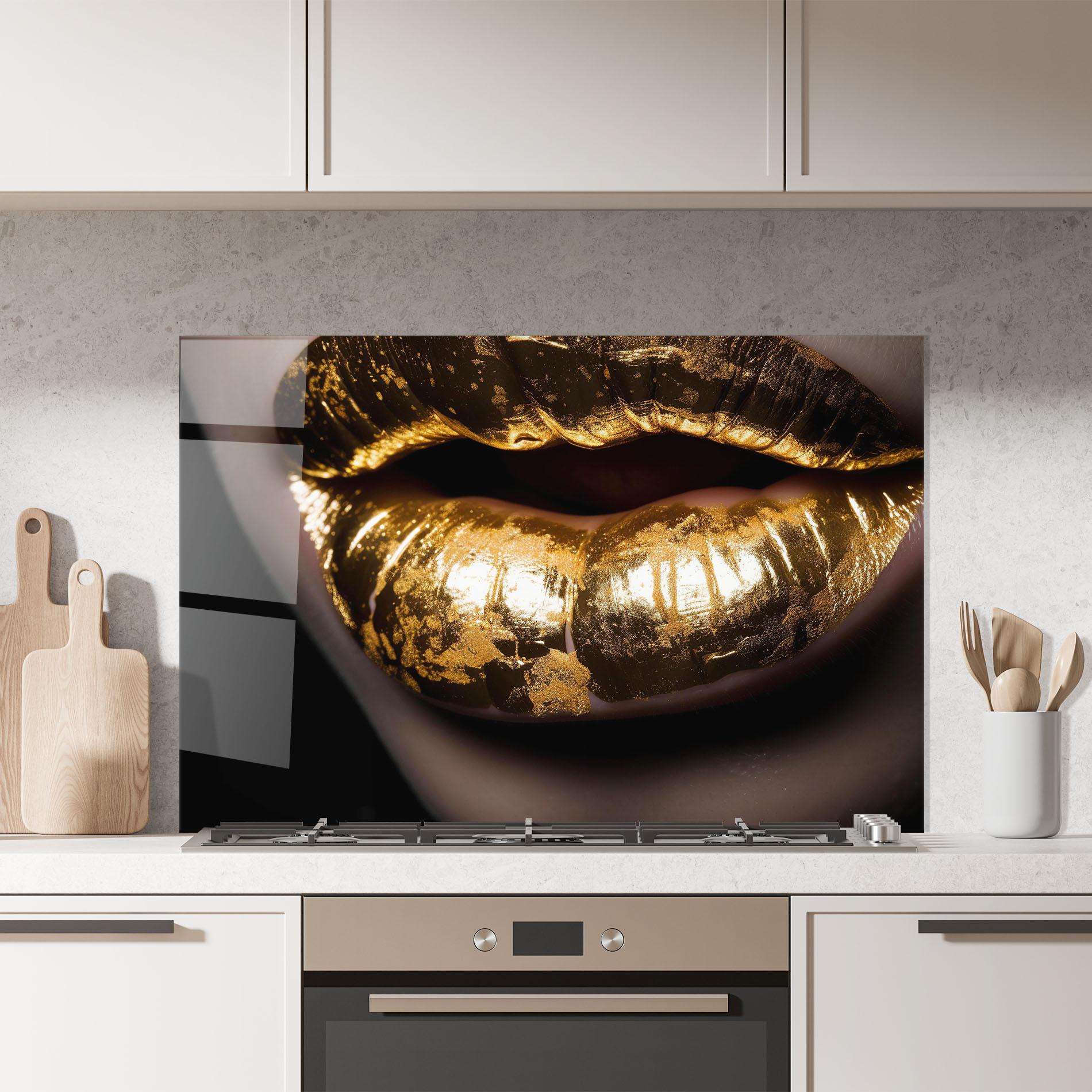 Küchenrückwand Glas Big Gold Lips mockup 7