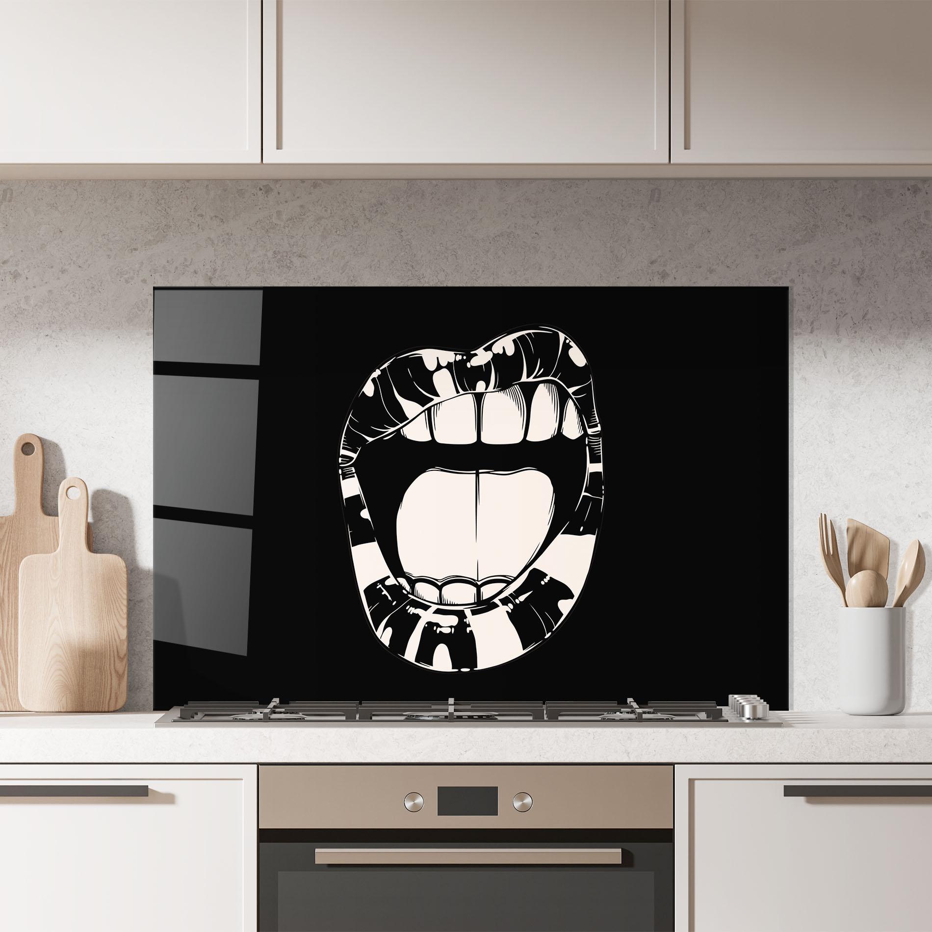 Küchenrückwand Glas Big Lips On Black mockup 7