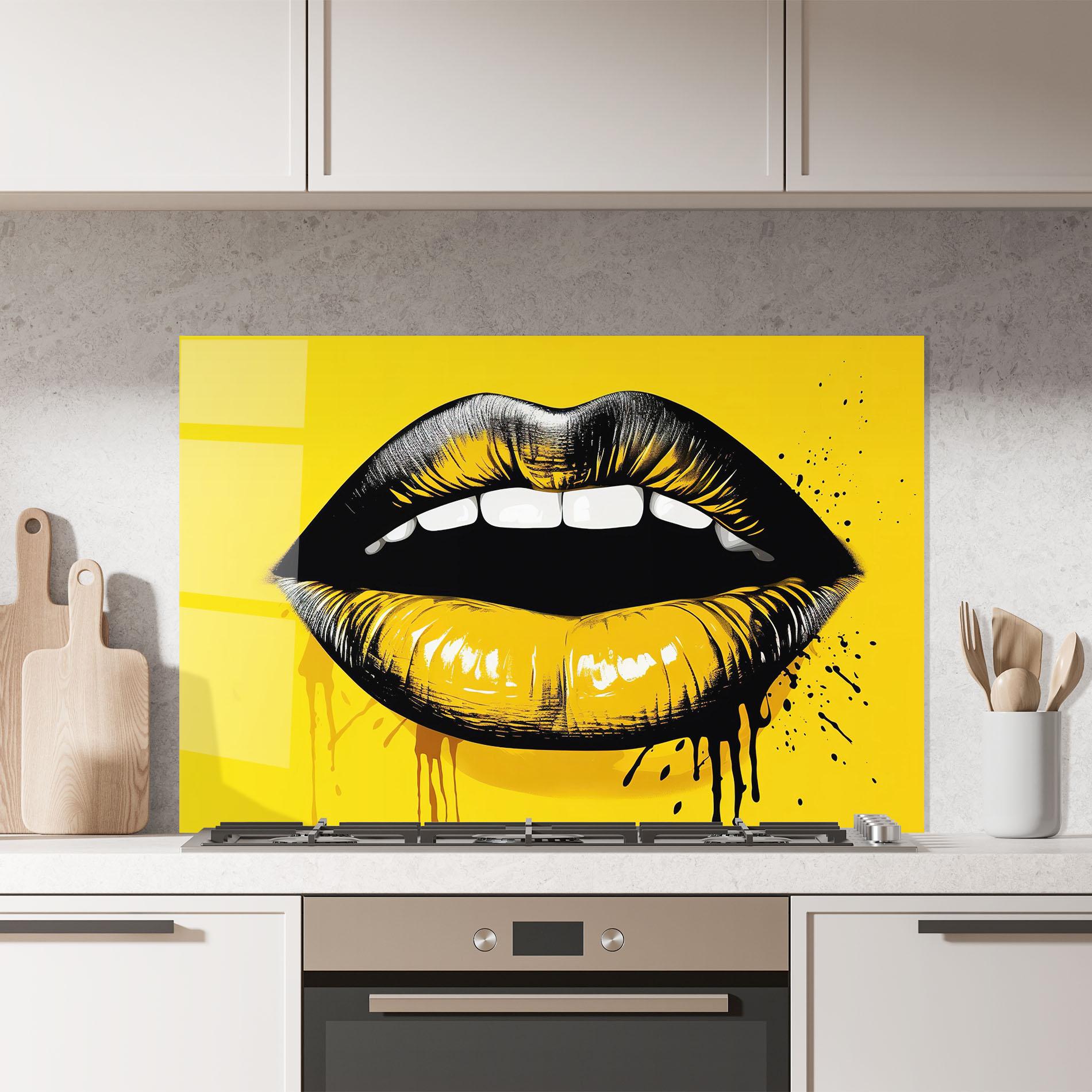 Küchenrückwand Glas Black Yellow Lips mockup 7