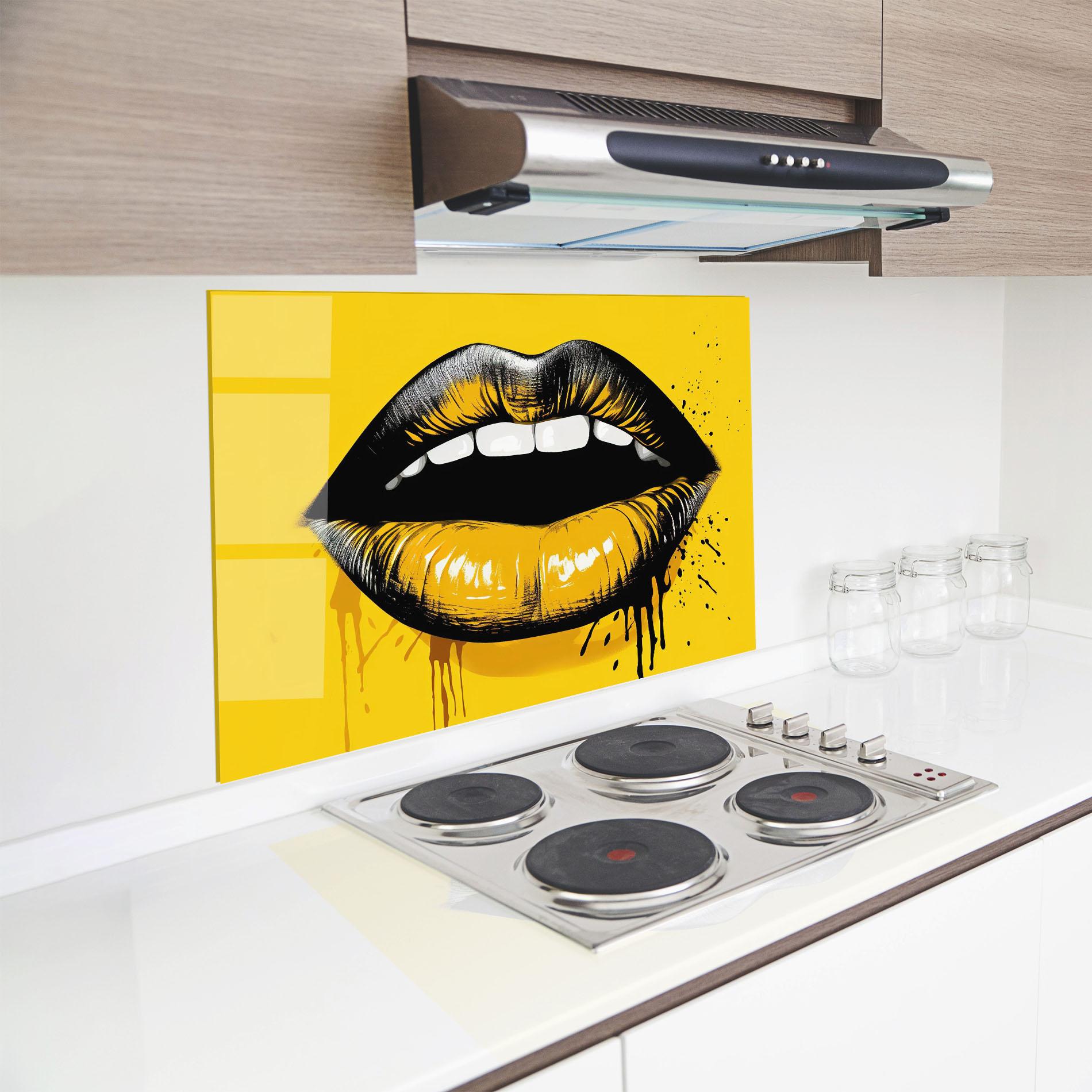 Küchenrückwand Glas Black Yellow Lips mockup 8