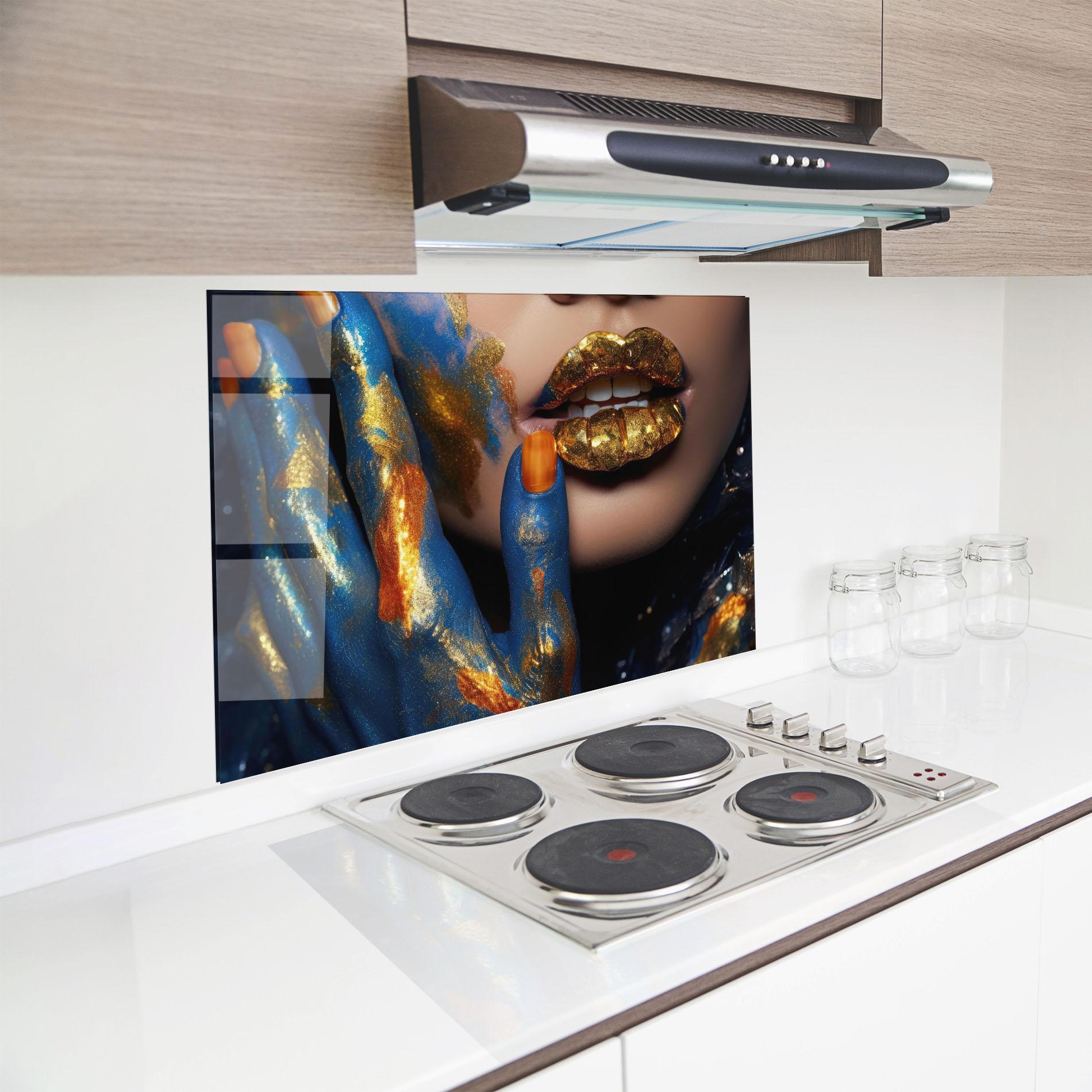 Küchenrückwand Glas Blue Hand Lips mockup 8