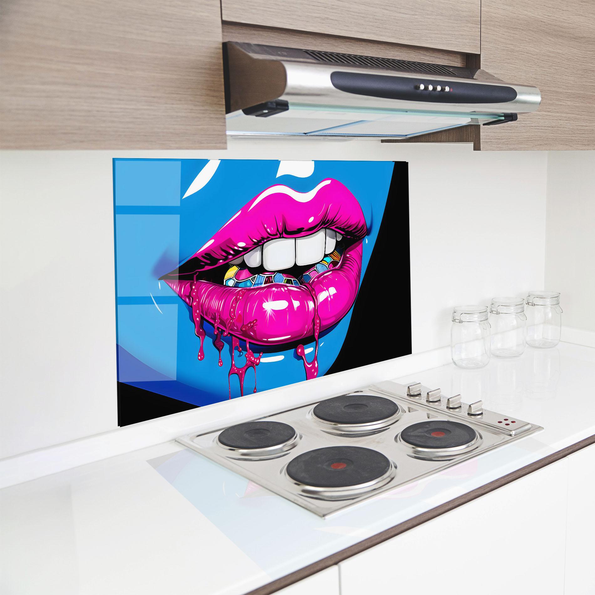 Küchenrückwand Glas Blue Pink Lips Art mockup 8