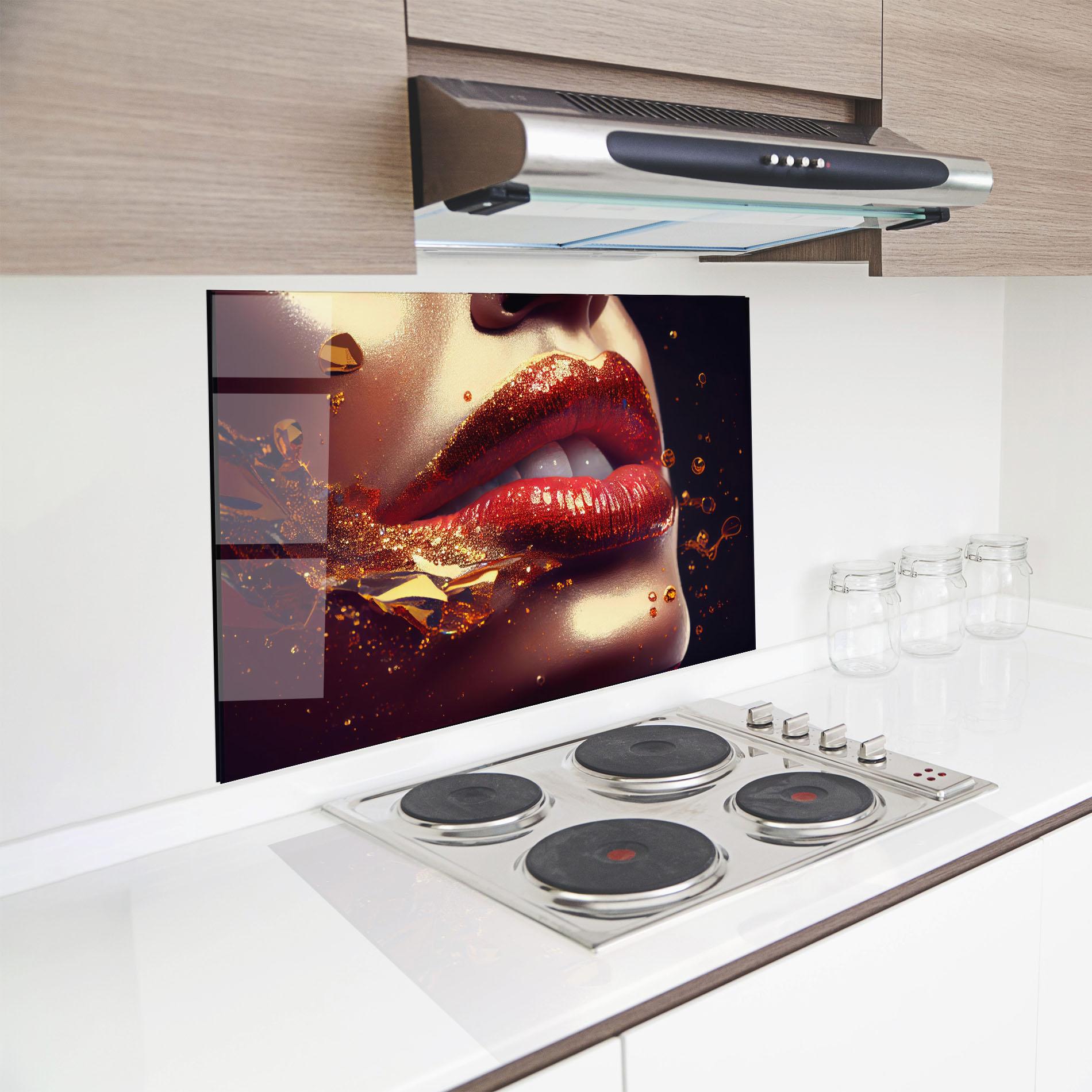 Küchenrückwand Glas Gold Glitter Lips mockup 8