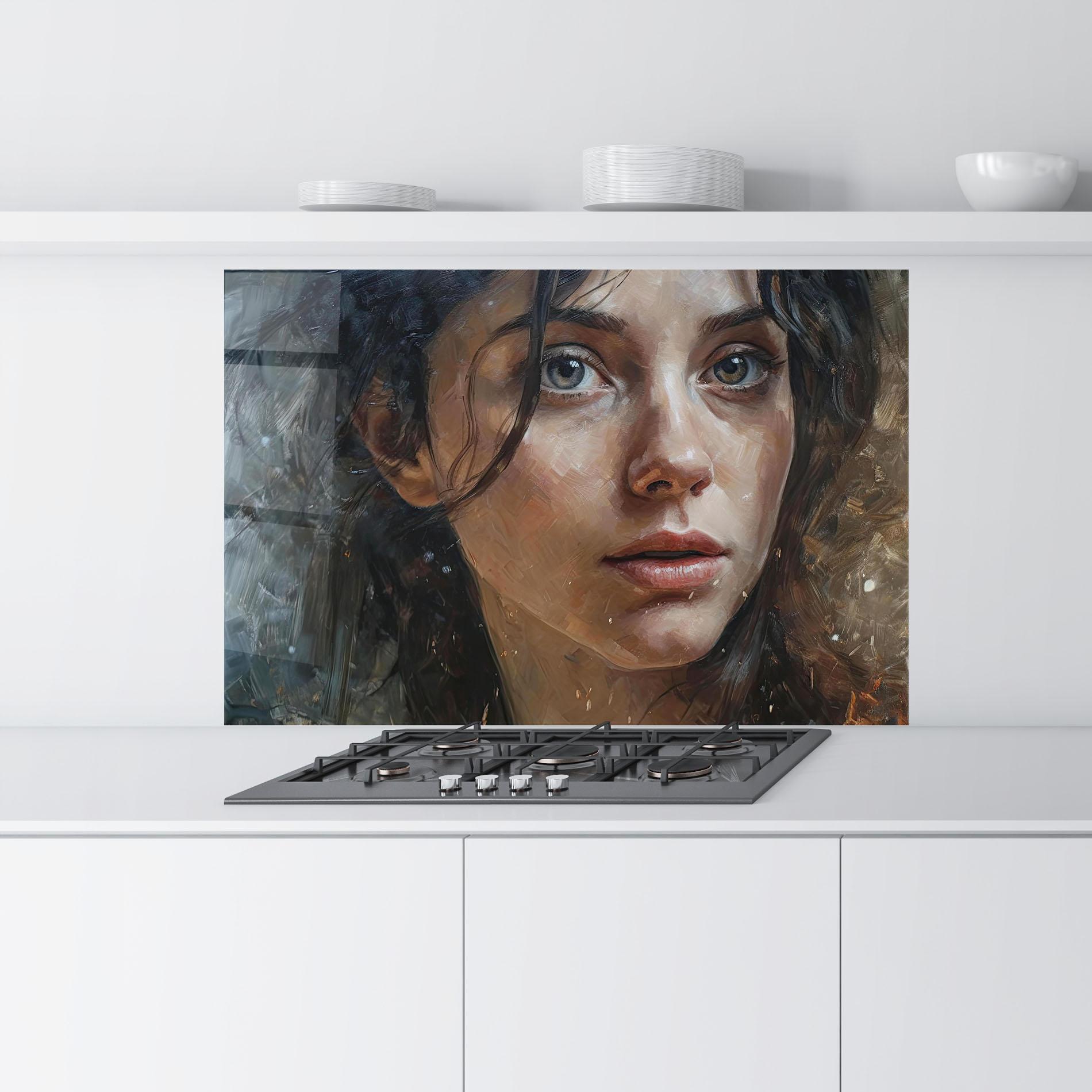 Küchenrückwand Glas Closeup Darkhaired Woman mockup 9