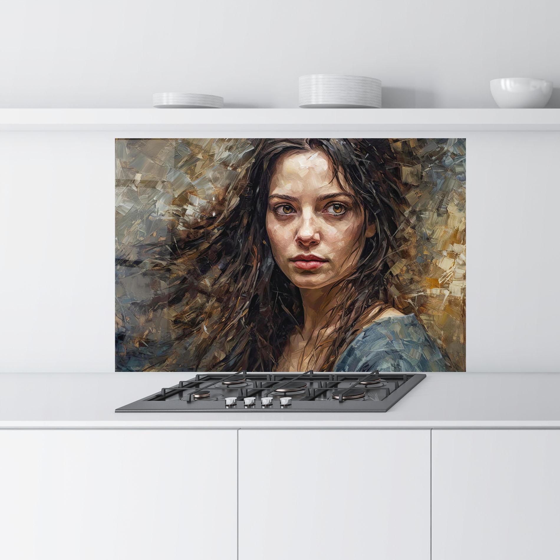 Küchenrückwand Glas Darkhaired Woman Portrait mockup 9