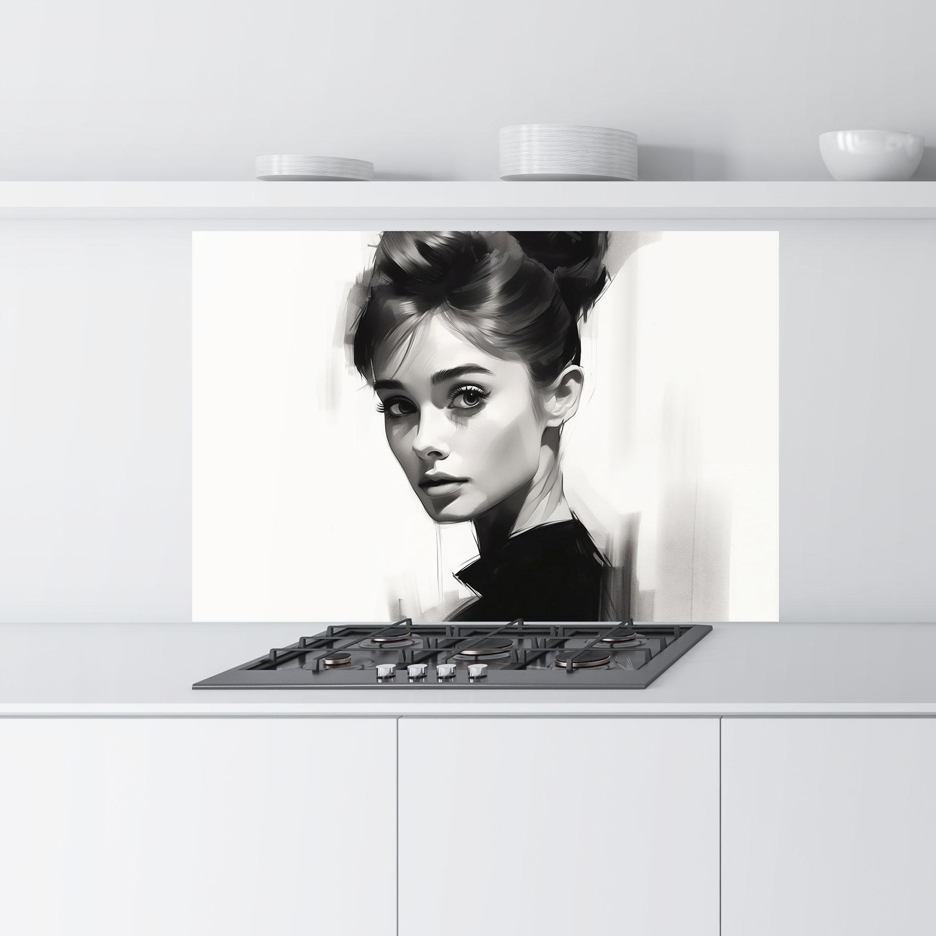 Küchenrückwand Glas Hepburn Portrait mockup 9