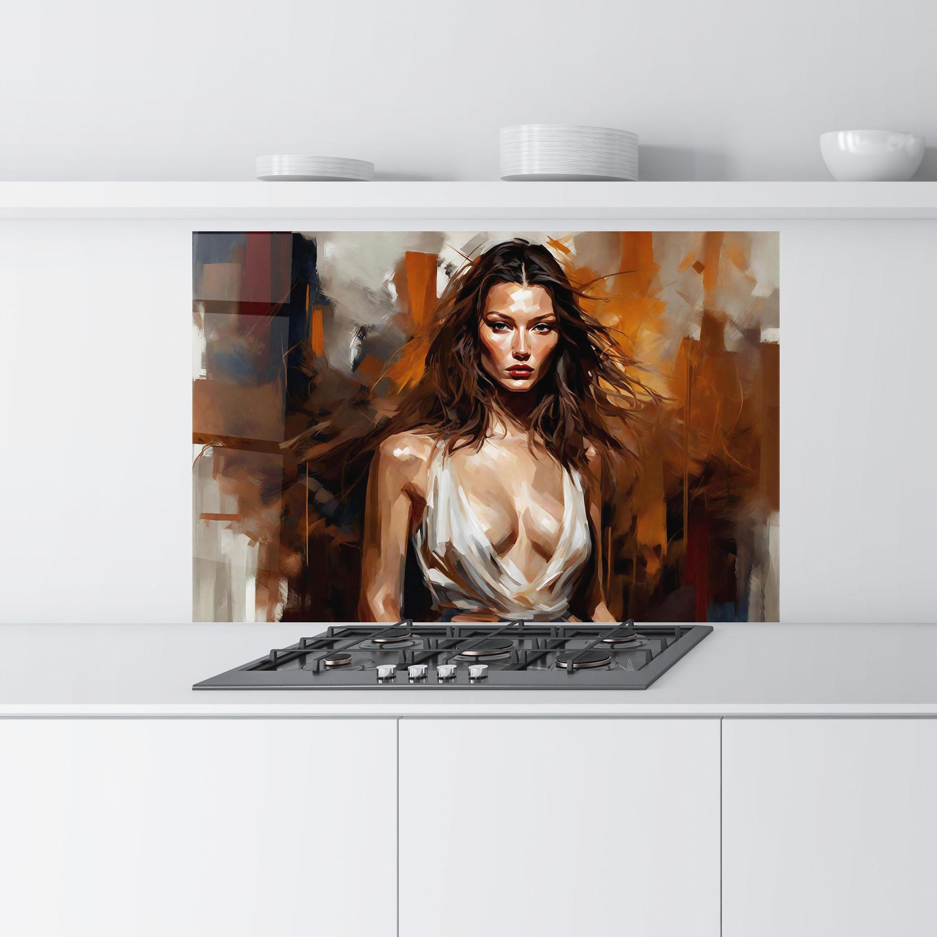 Küchenrückwand Glas Long Brown Hair Woman mockup 9