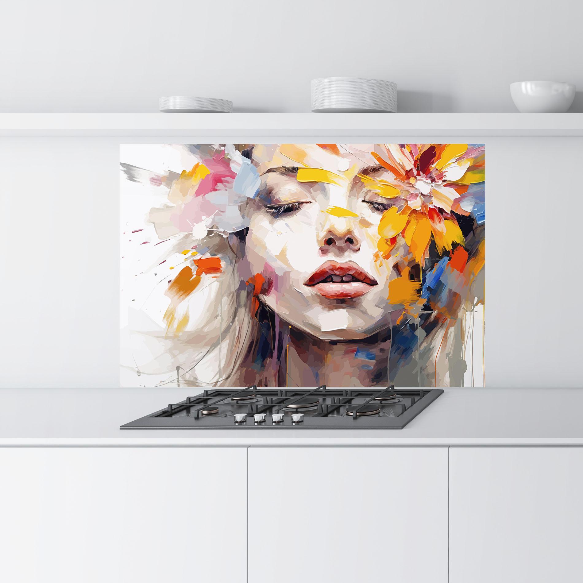 Küchenrückwand Glas Oil Flower Portrait mockup 9