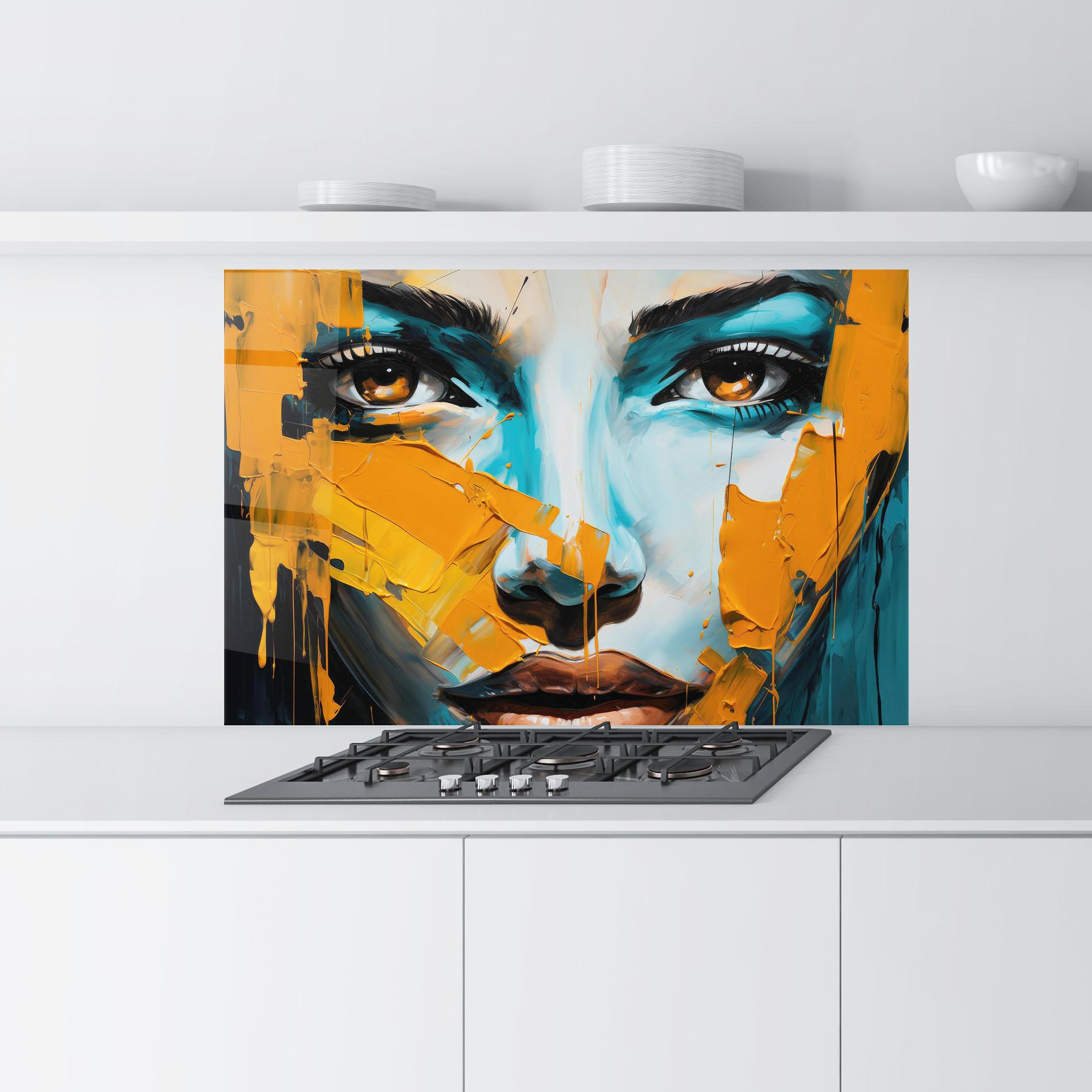 Küchenrückwand Glas Orange Paint Portrait mockup 9