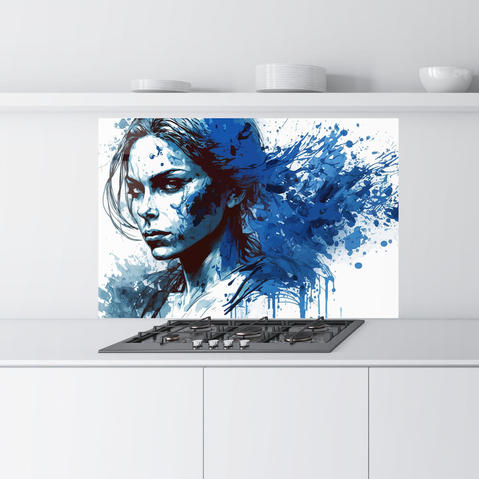 Küchenrückwand Glas Portrait Blue Woman mockup 9