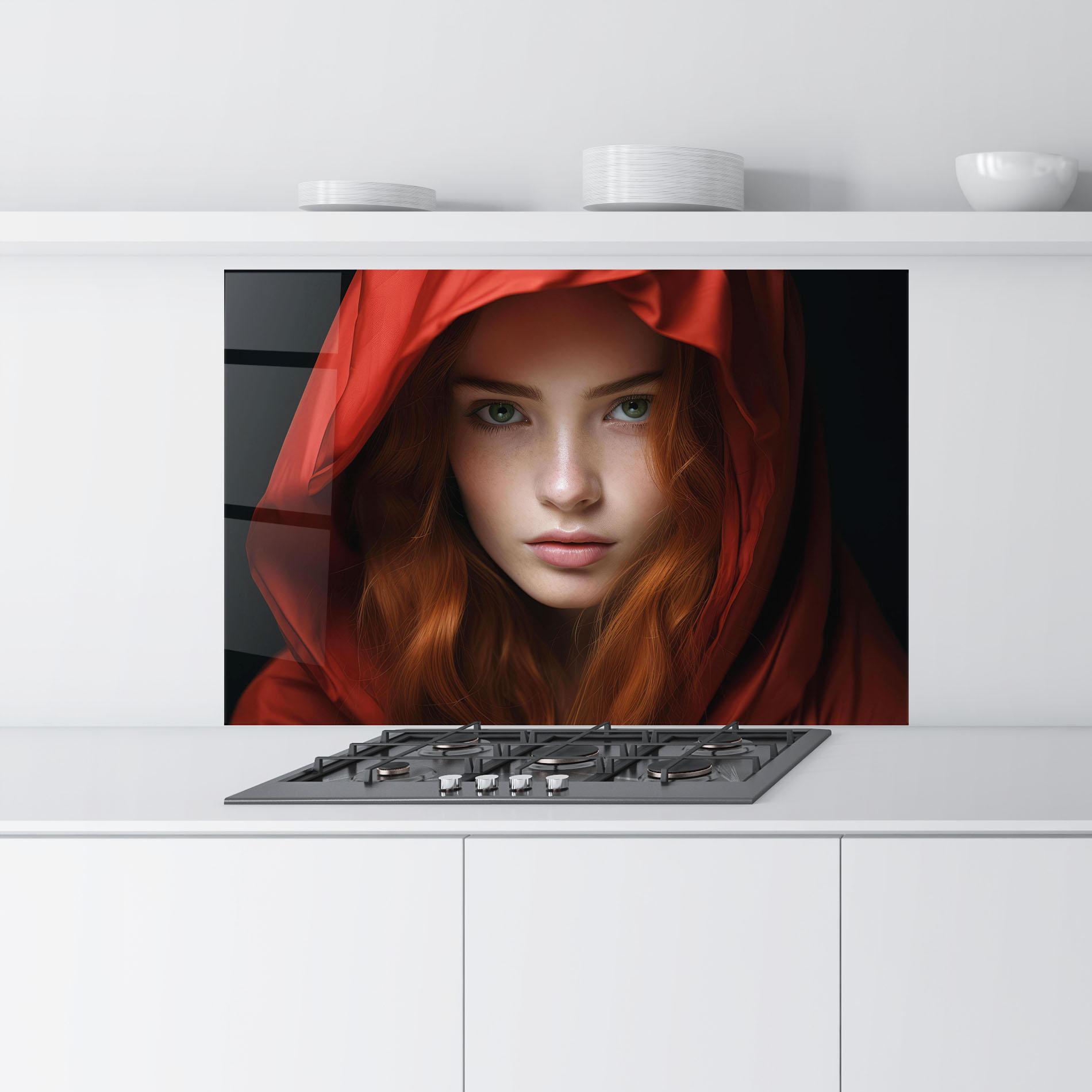 Küchenrückwand Glas Red Hood Portrait mockup 9