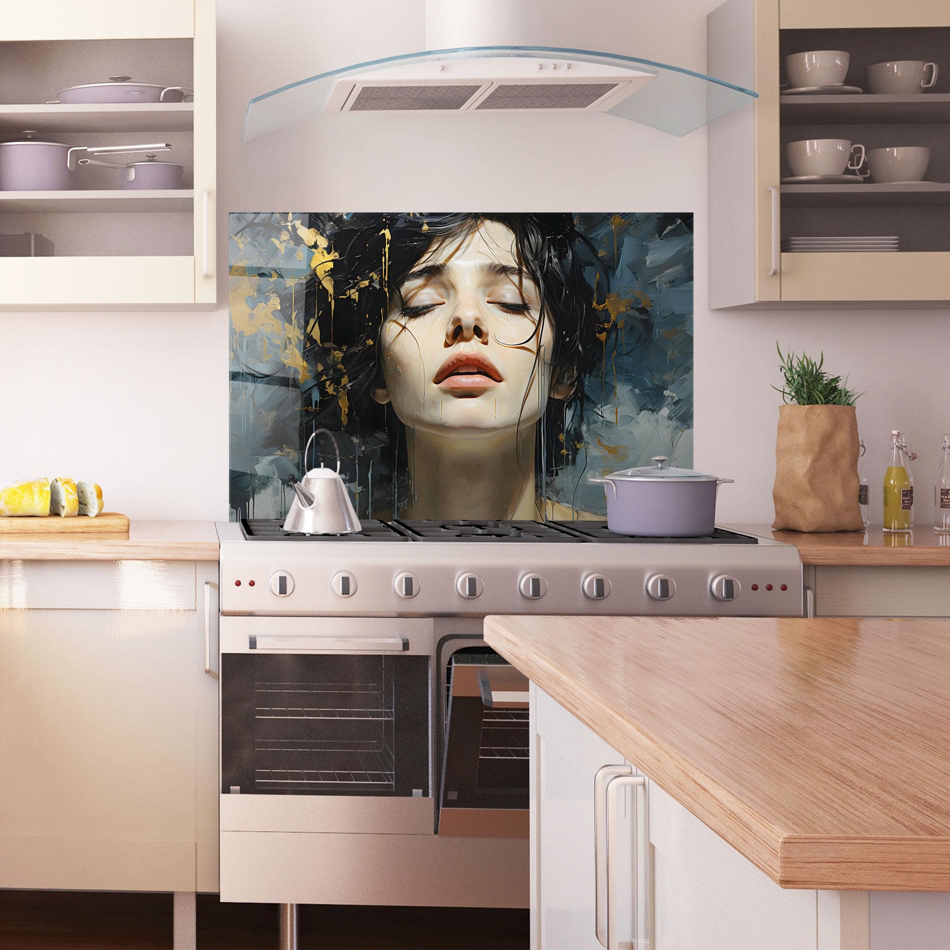 Küchenrückwand Glas Closed Eyes Woman mockup 1
