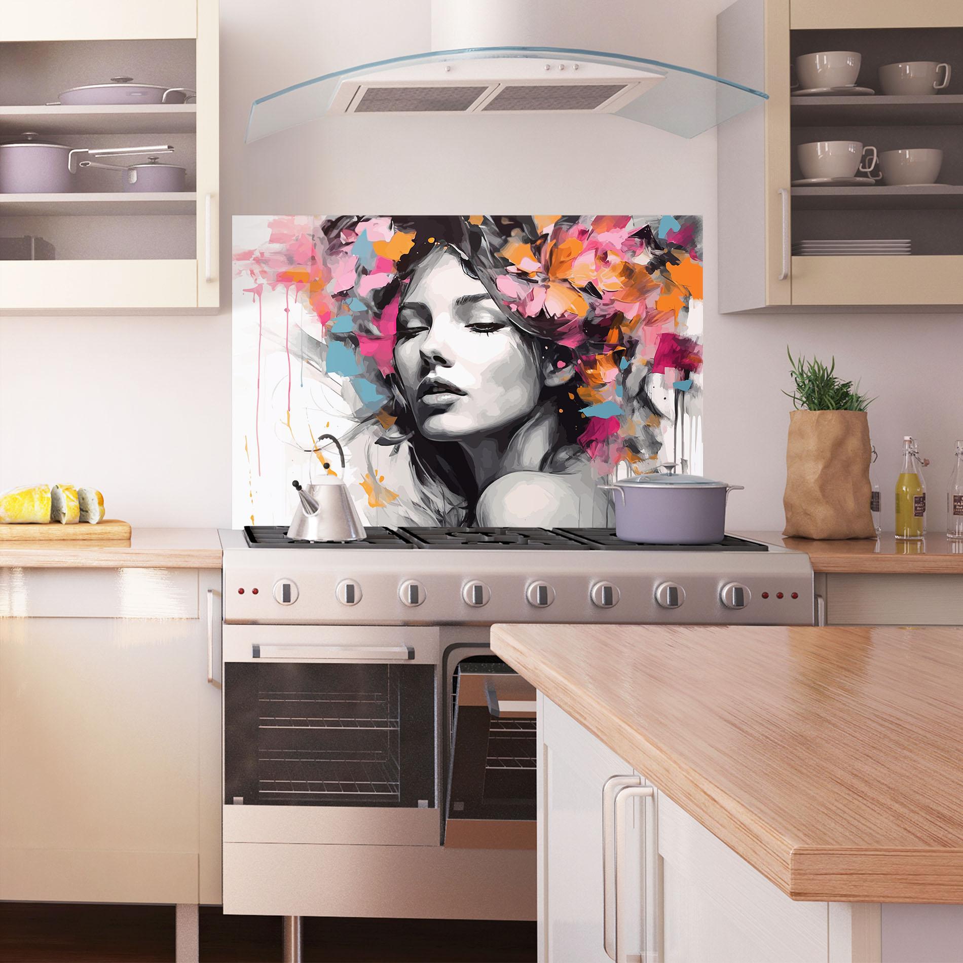 Küchenrückwand Glas Colorful Flower Portrait mockup 1