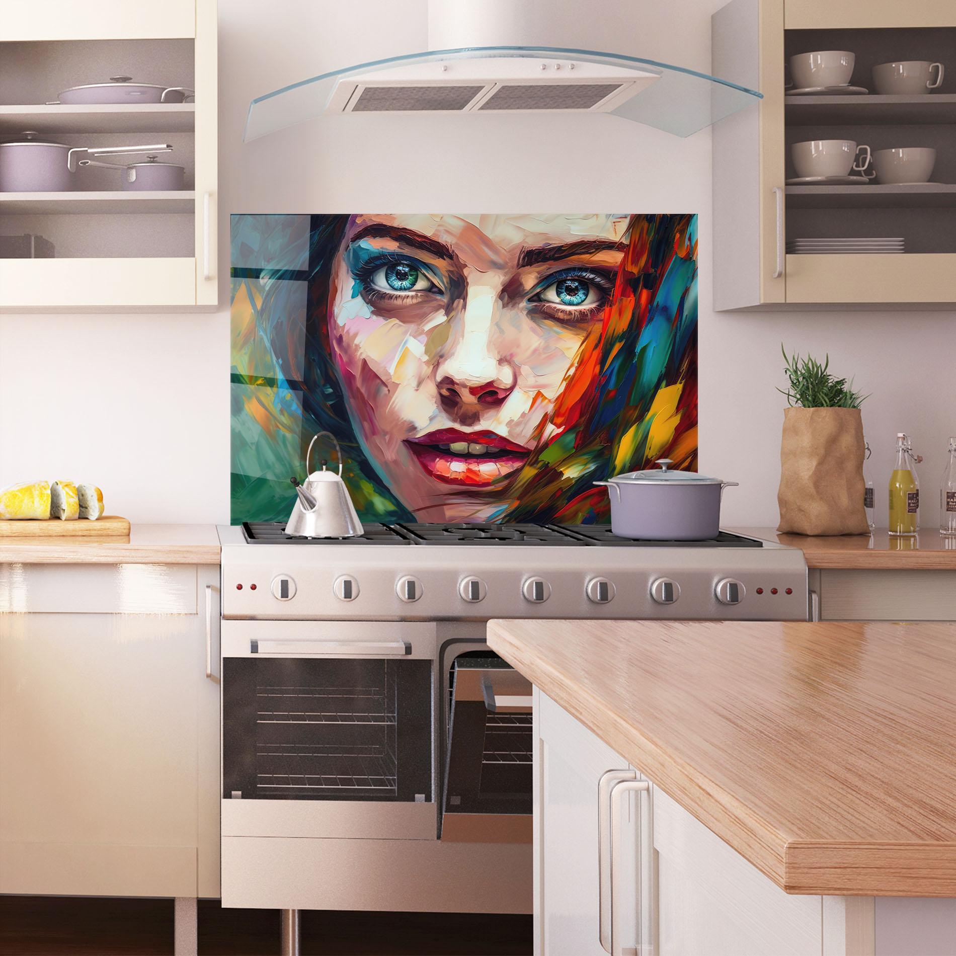 Küchenrückwand Glas Intense Blue Eyes Woman mockup 1