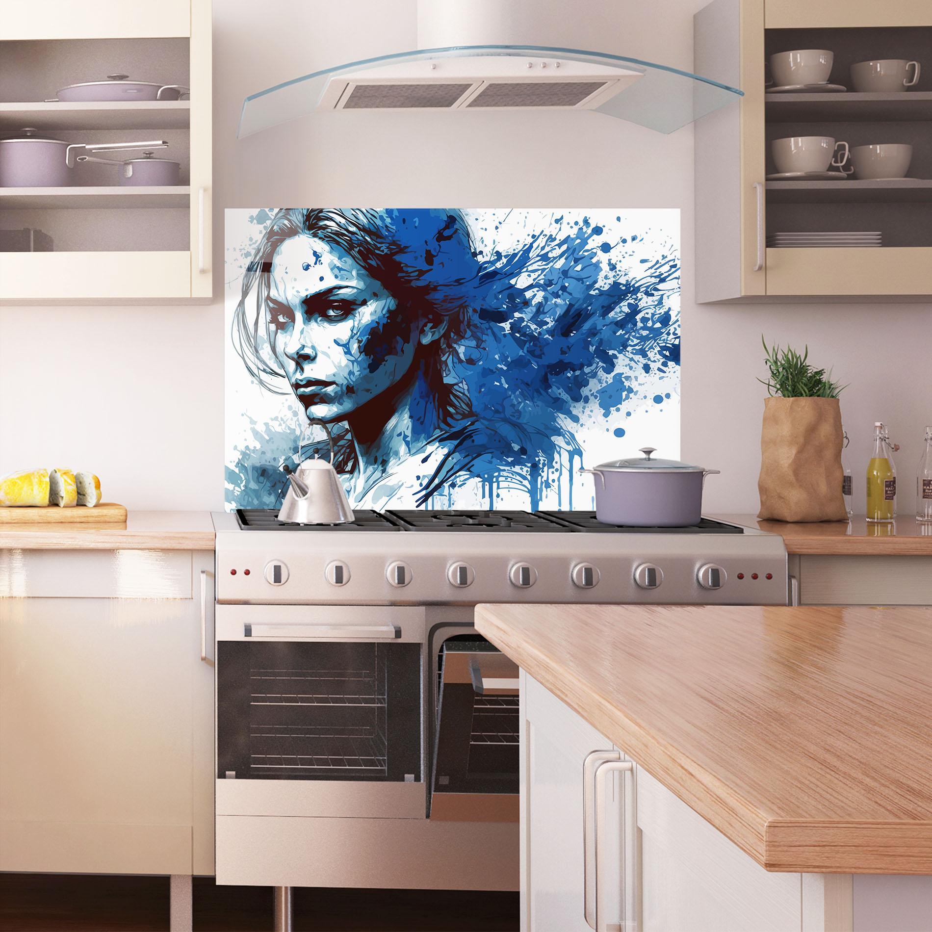 Küchenrückwand Glas Portrait Blue Woman mockup 1