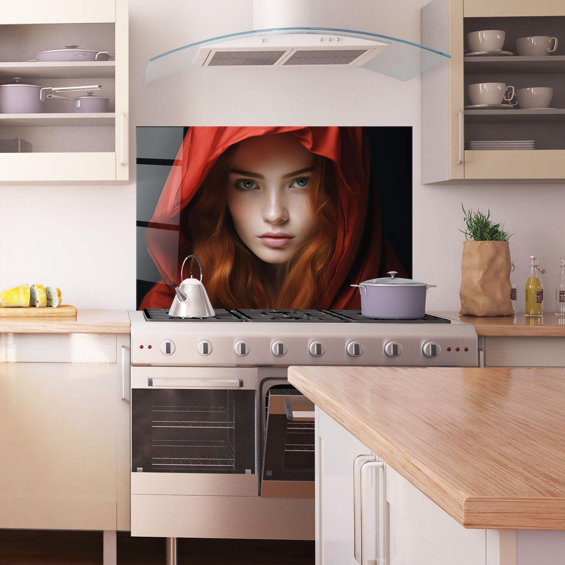 Küchenrückwand Glas Red Hood Portrait mockup 1