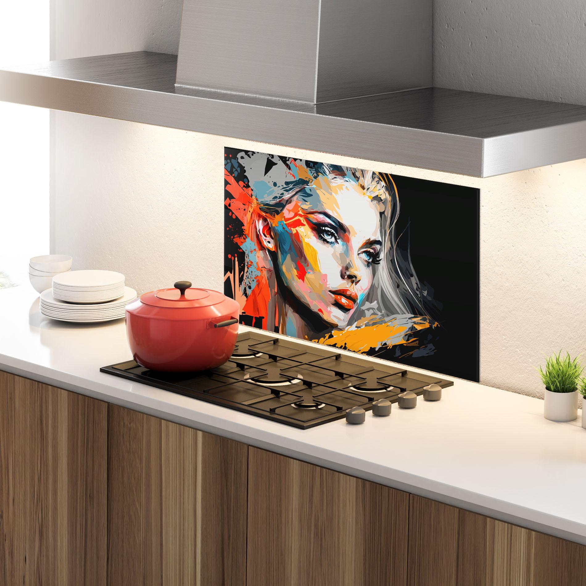 Küchenrückwand Glas Blue Eye Face mockup 4