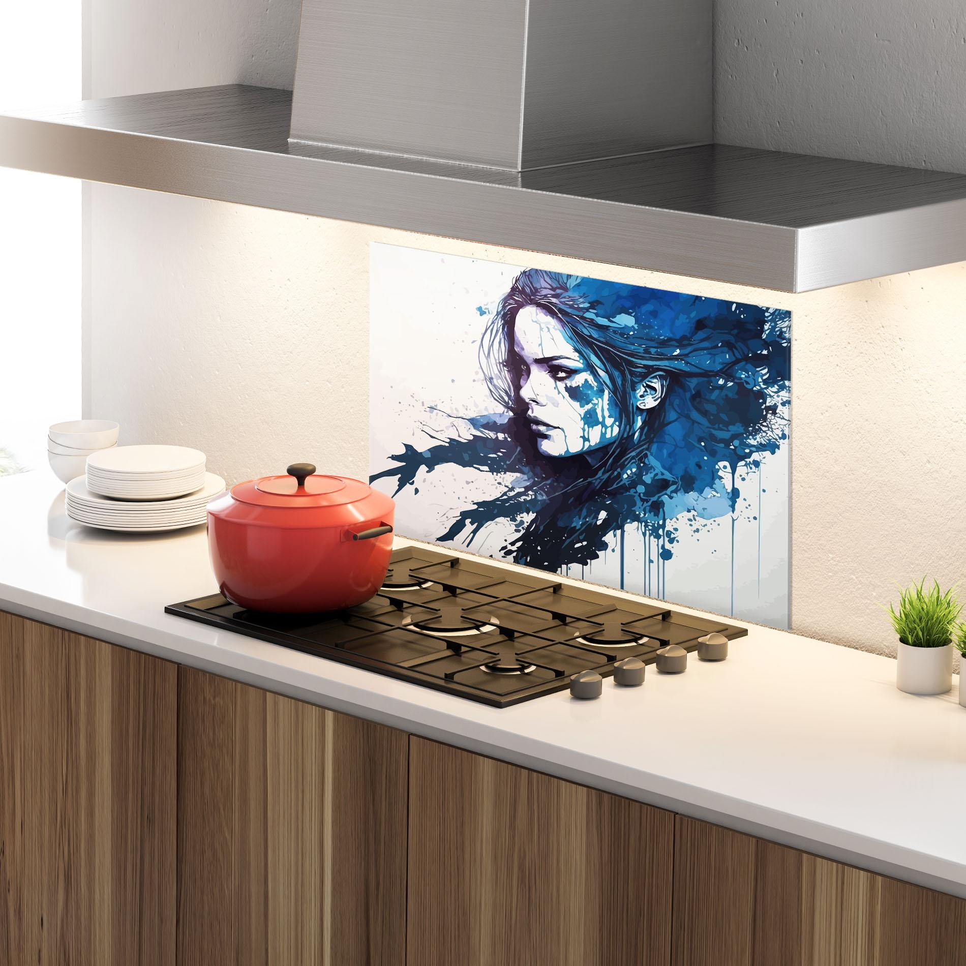 Küchenrückwand Glas Blue Hair Portrait mockup 4