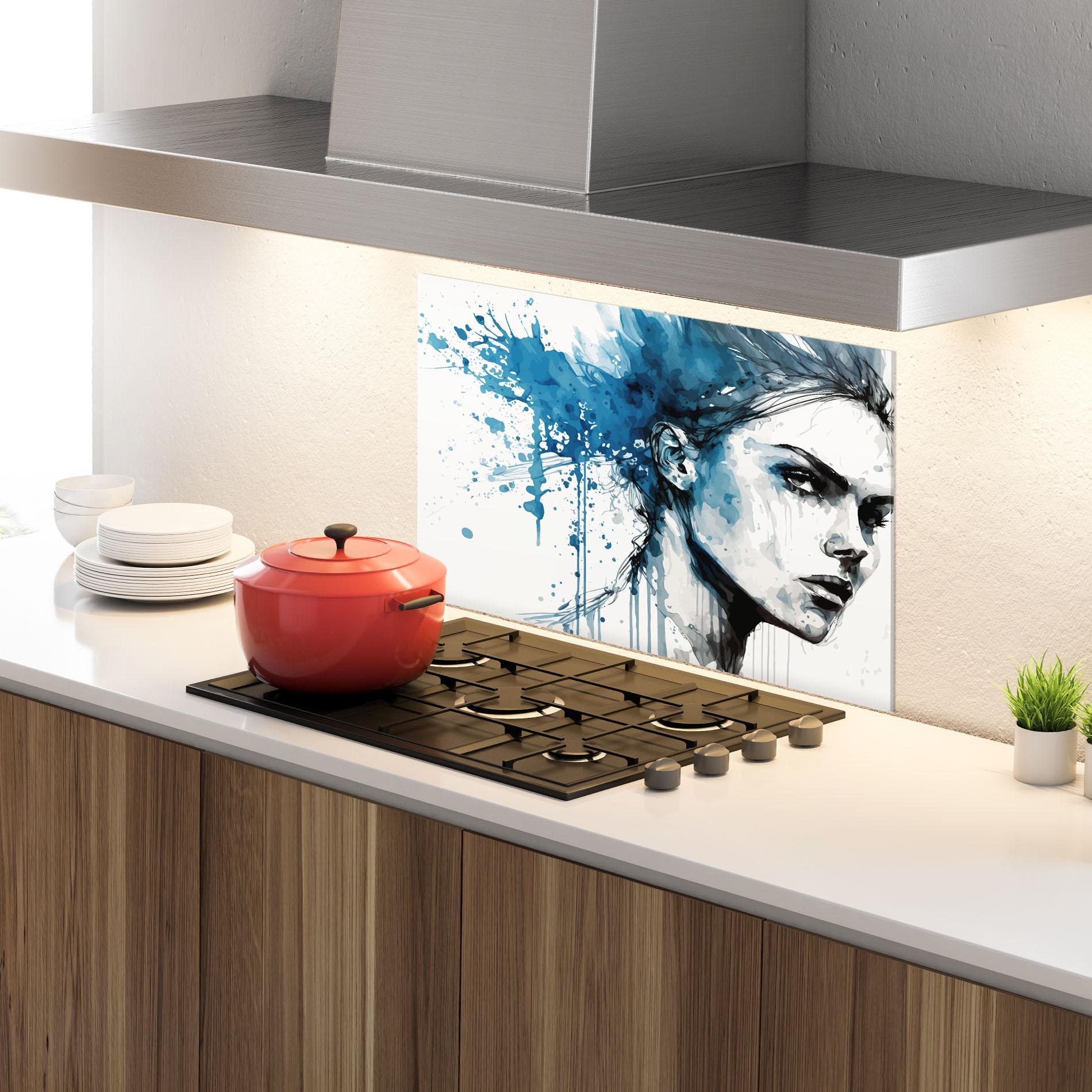 Küchenrückwand Glas Blue Splash Portrait mockup 4