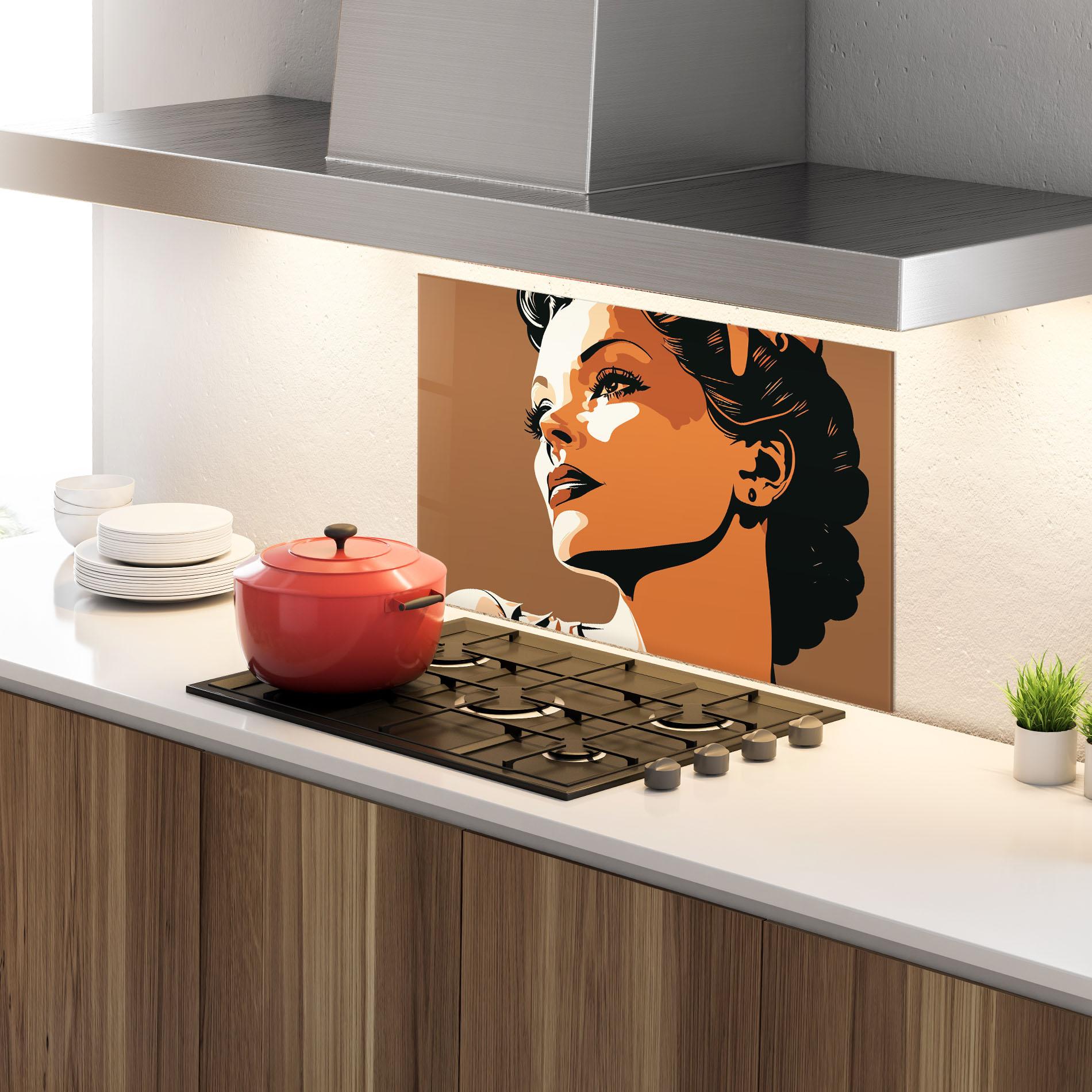 Küchenrückwand Glas Brown Portrait Lady mockup 4