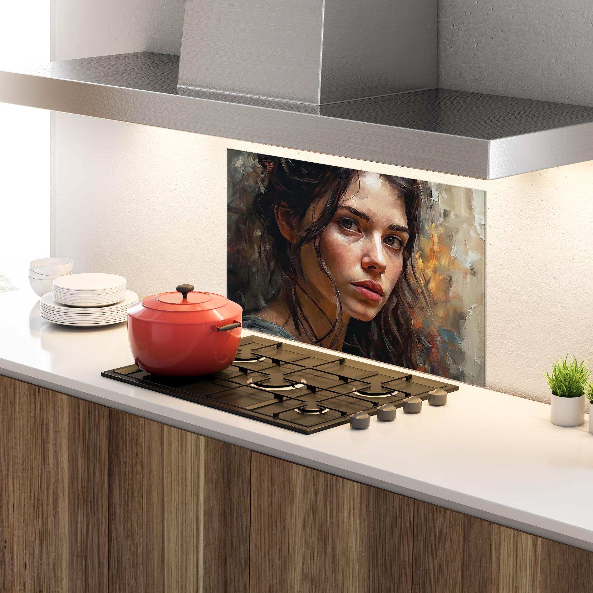 Küchenrückwand Glas Closeup Impasto Portrait mockup 4