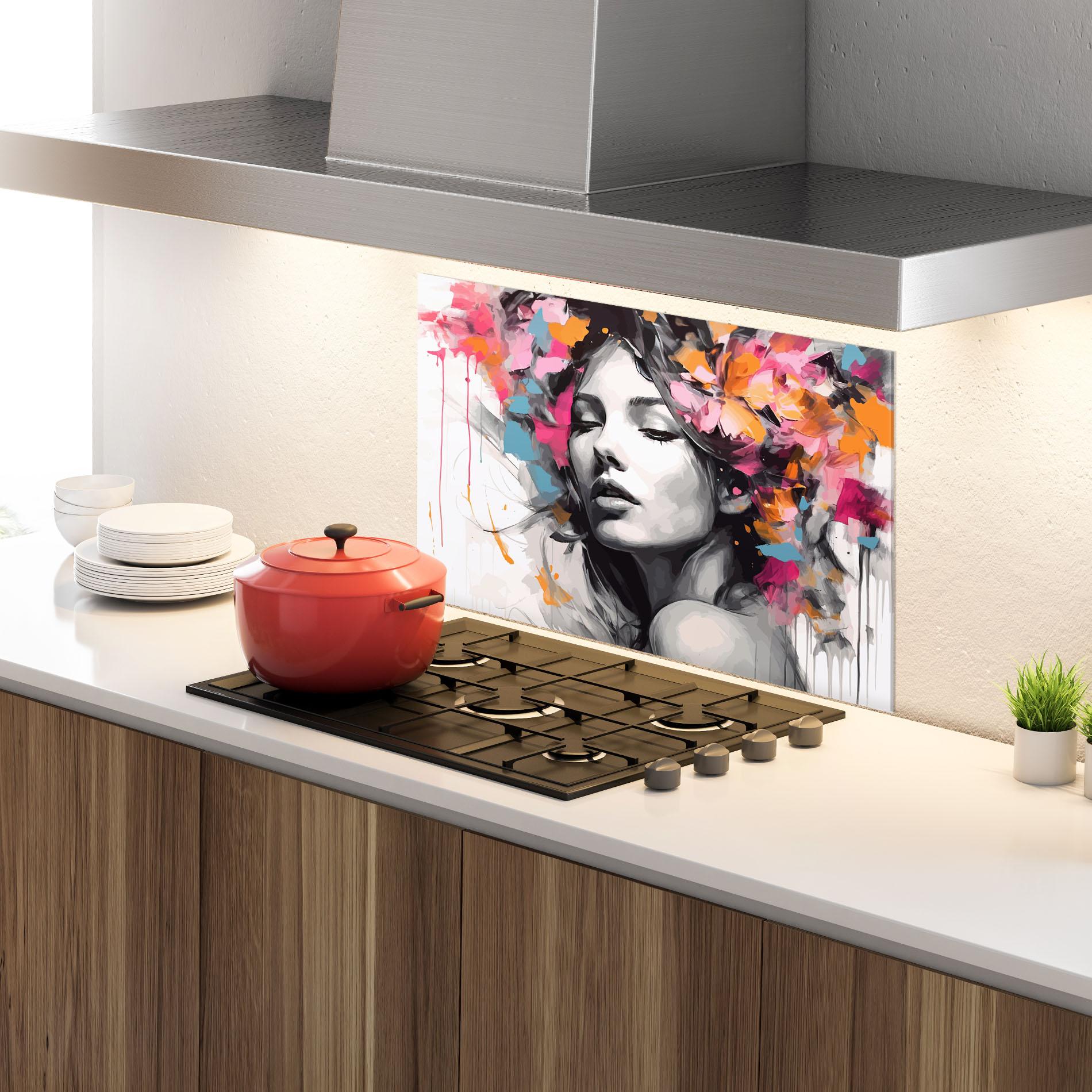 Küchenrückwand Glas Colorful Flower Portrait mockup 4