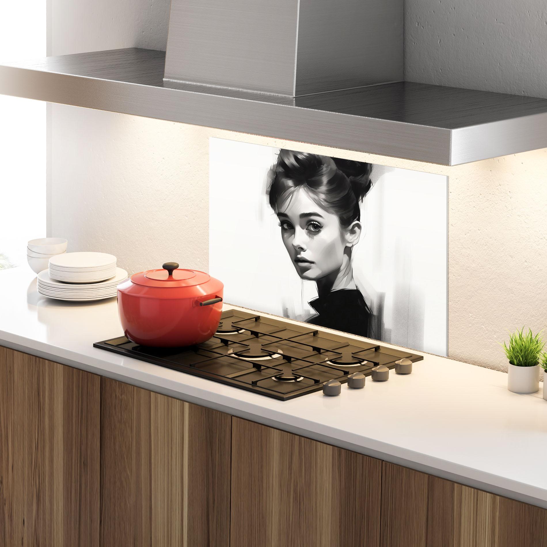 Küchenrückwand Glas Hepburn Portrait mockup 4