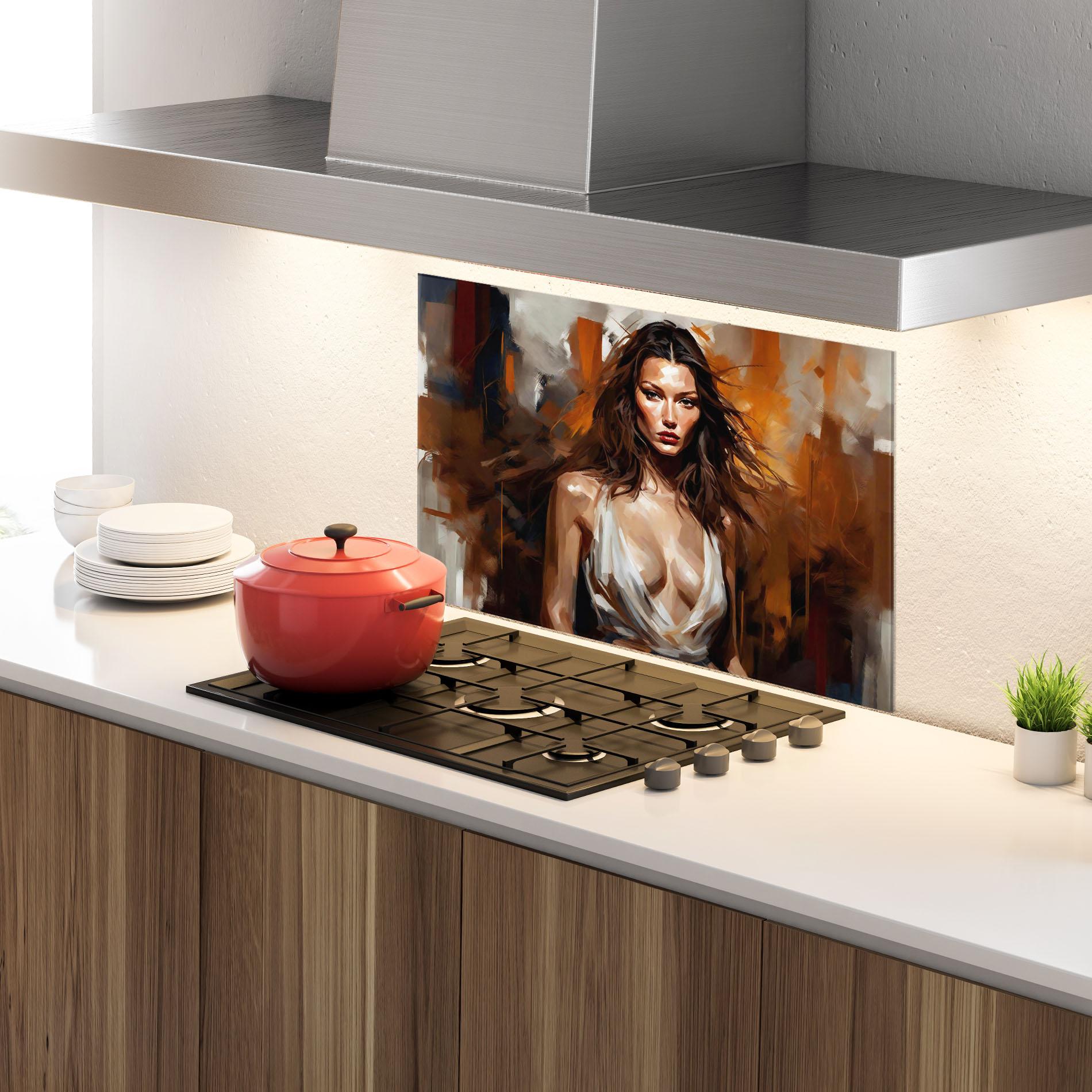 Küchenrückwand Glas Long Brown Hair Woman mockup 4