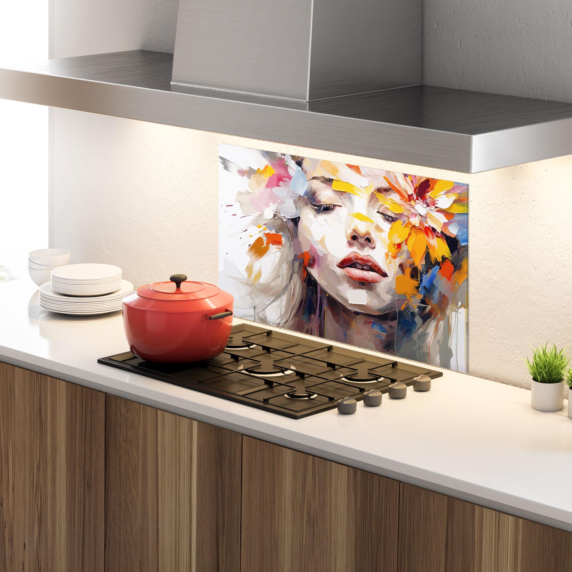 Küchenrückwand Glas Oil Flower Portrait mockup 4